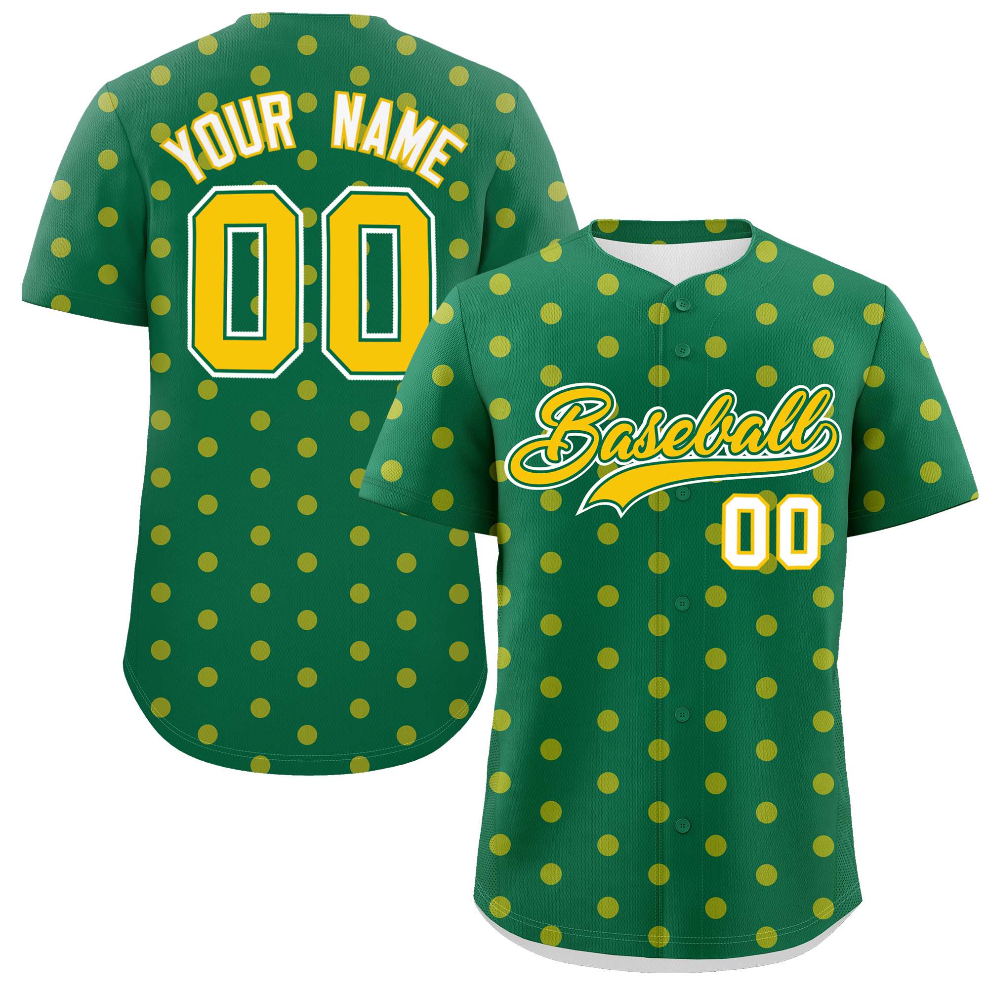 Custom Kelly Green Gold Personalized Polka Dot Graffiti Pattern Authentic Baseball Jersey