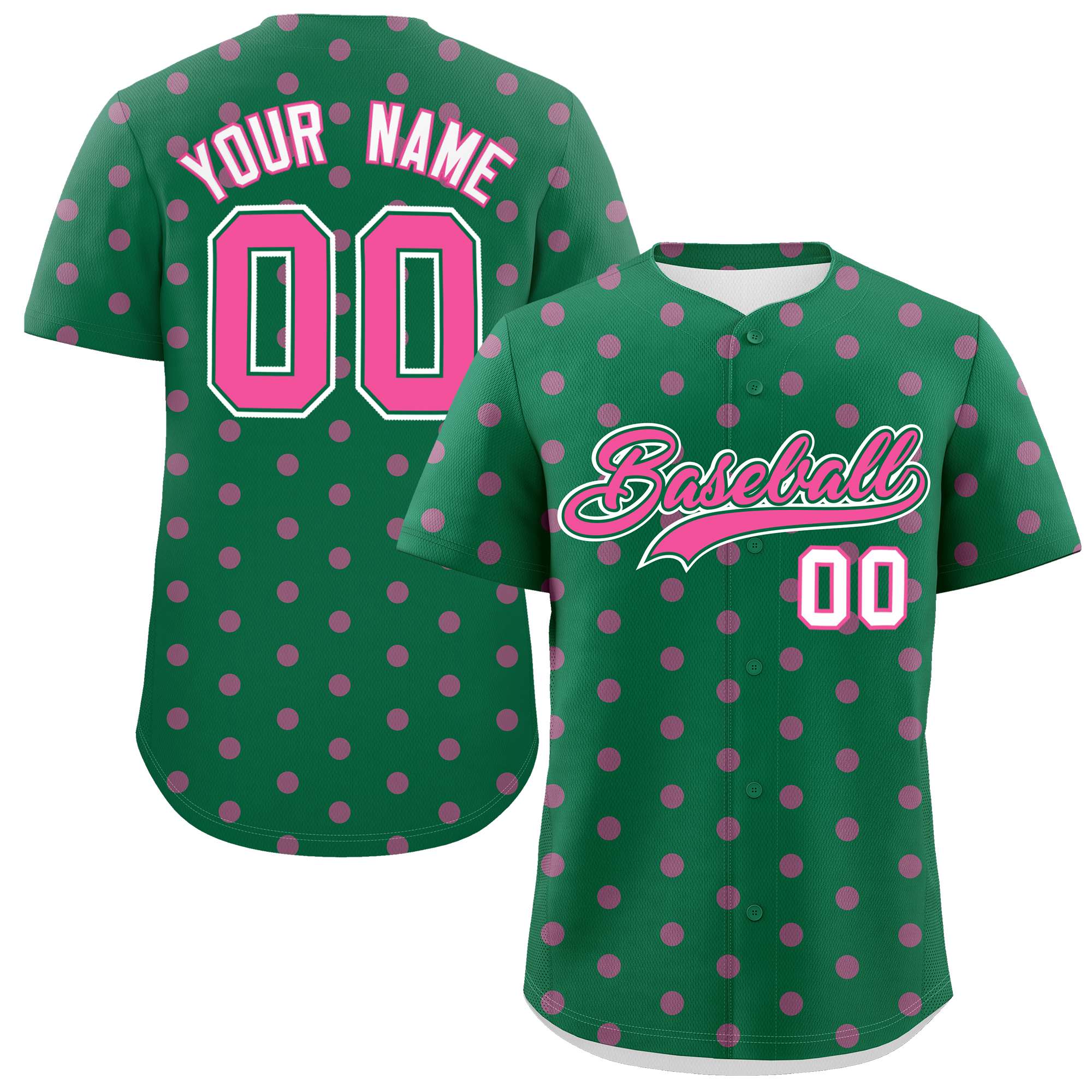 Custom Kelly Green Pink Personalized Polka Dot Graffiti Pattern Authentic Baseball Jersey