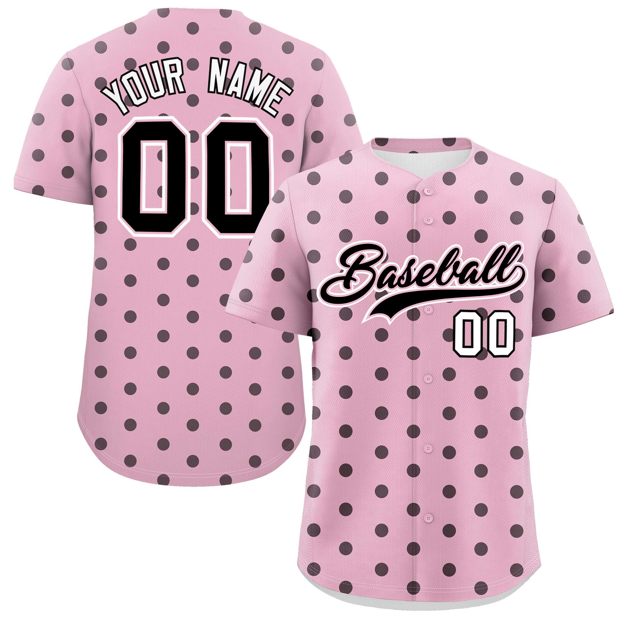 Custom Light Pink Black Personalized Polka Dot Graffiti Pattern Authentic Baseball Jersey