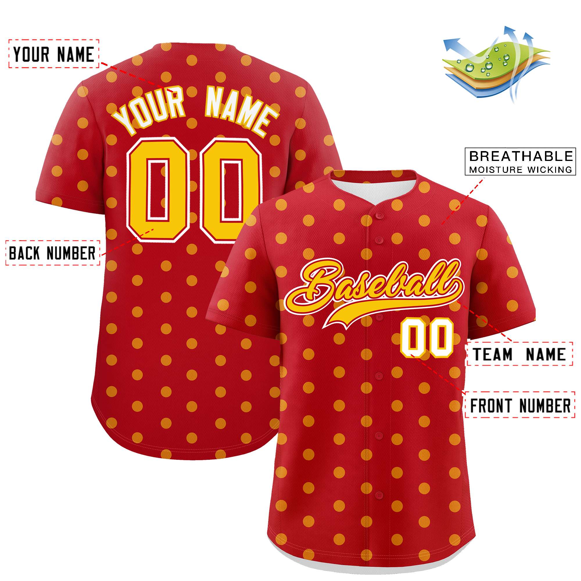 Custom Red Gold Personalized Polka Dot Graffiti Pattern Authentic Baseball Jersey