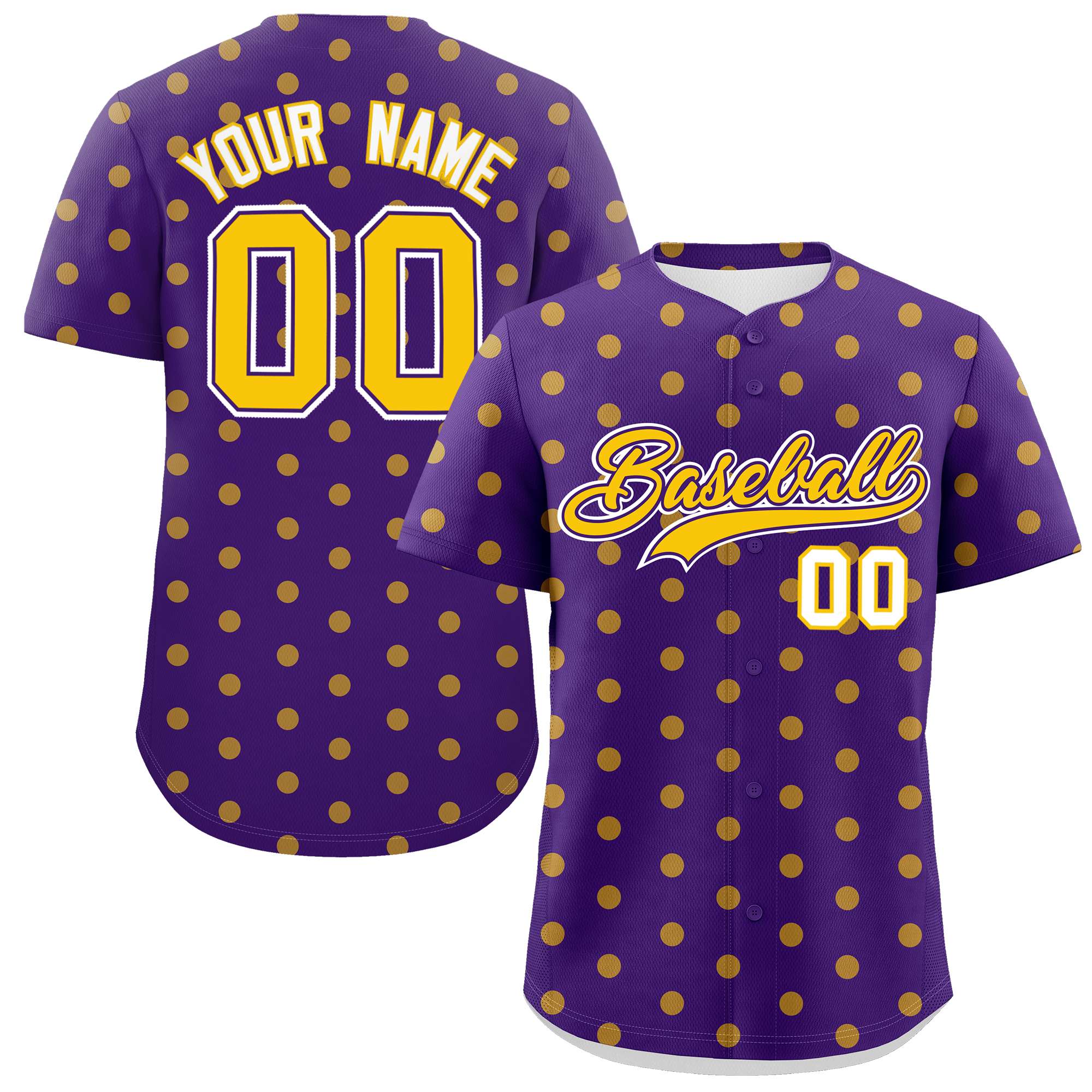 Custom Purple Gold Personalized Polka Dot Graffiti Pattern Authentic Baseball Jersey