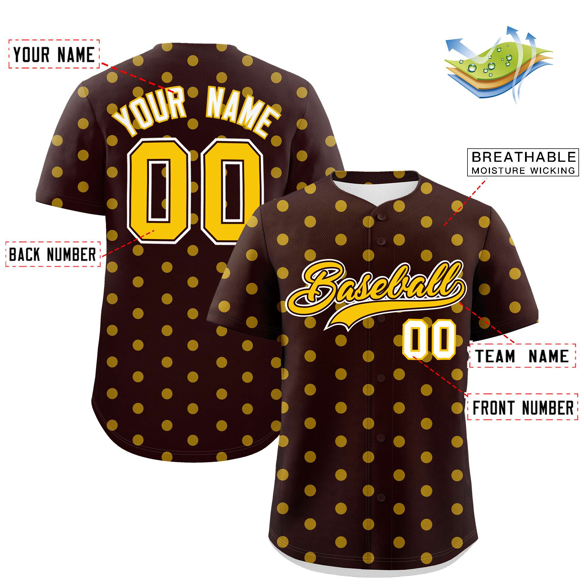 Custom Brown Gold Personalized Polka Dot Graffiti Pattern Authentic Baseball Jersey