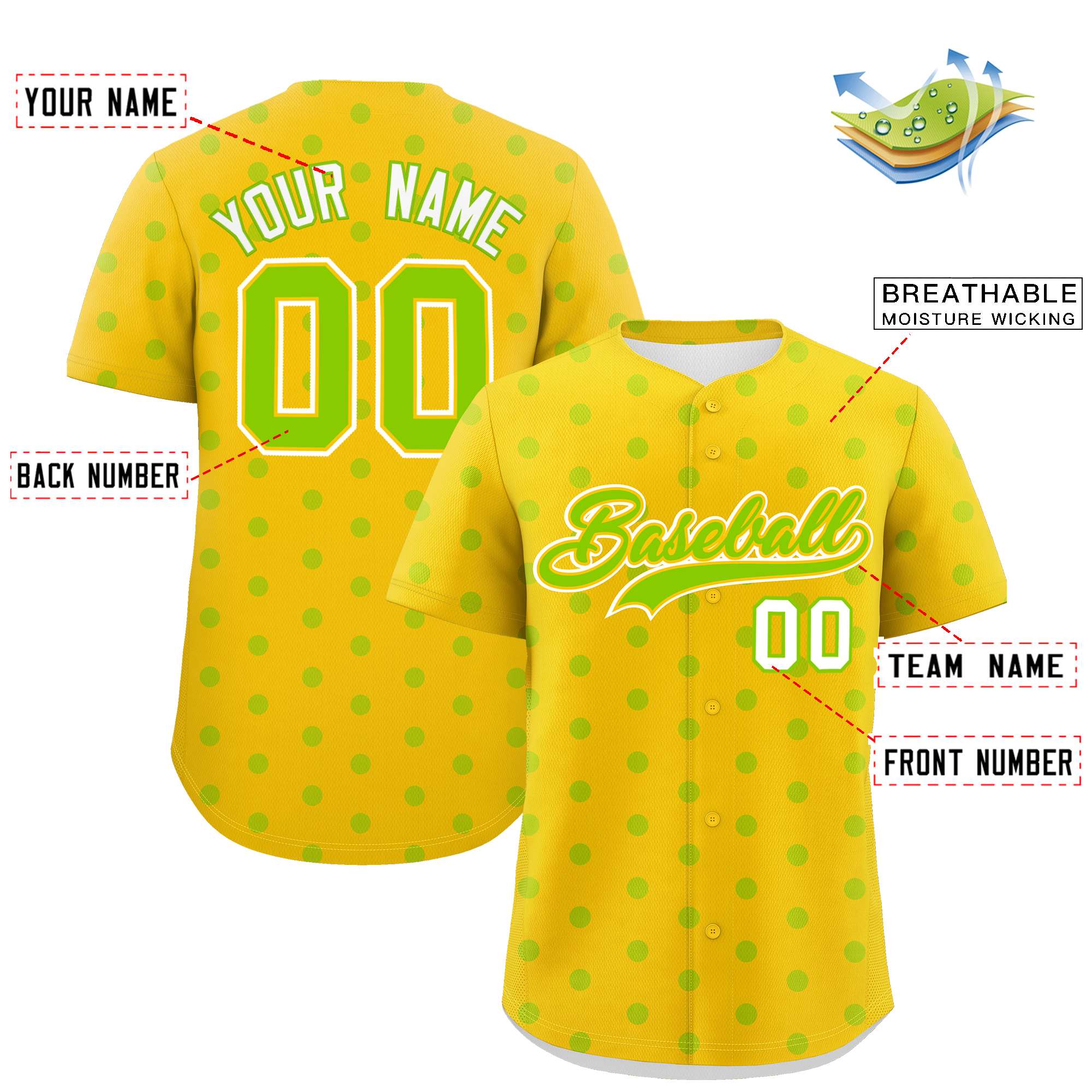 Custom Gold Neon Green Personalized Polka Dot Graffiti Pattern Authentic Baseball Jersey