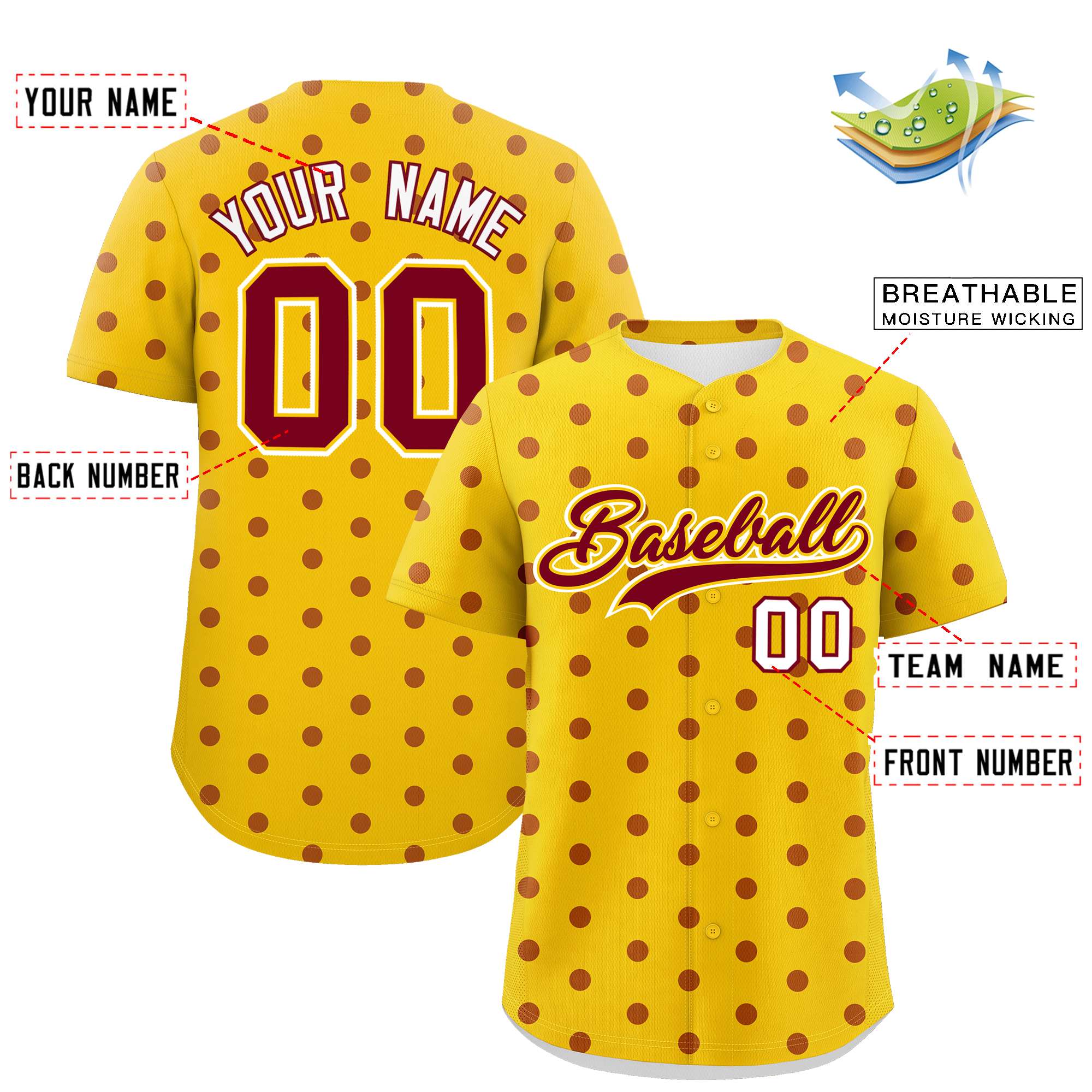 Custom Gold Crimson Personalized Polka Dot Graffiti Pattern Authentic Baseball Jersey