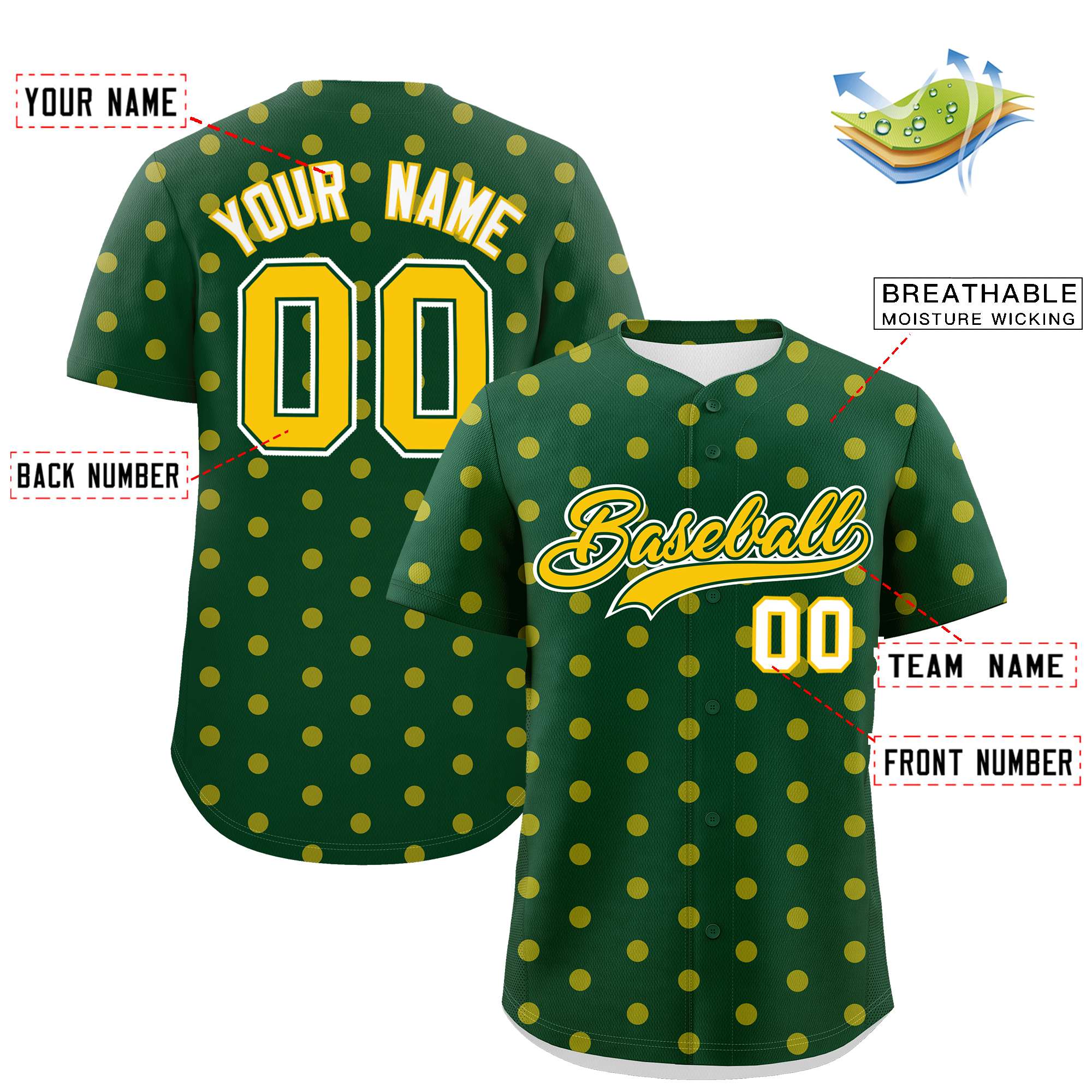 Custom Green Gold Personalized Polka Dot Graffiti Pattern Authentic Baseball Jersey