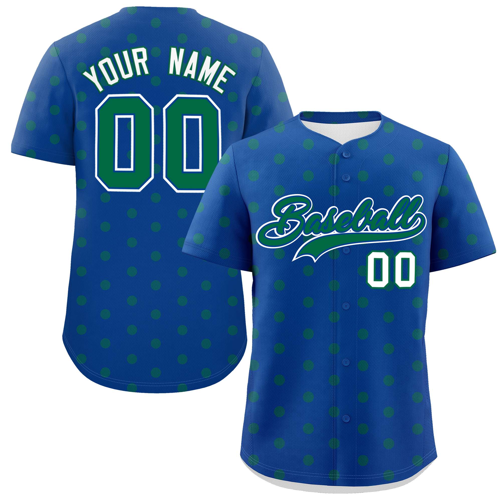 Custom Royal Kelly Green Personalized Polka Dot Graffiti Pattern Authentic Baseball Jersey