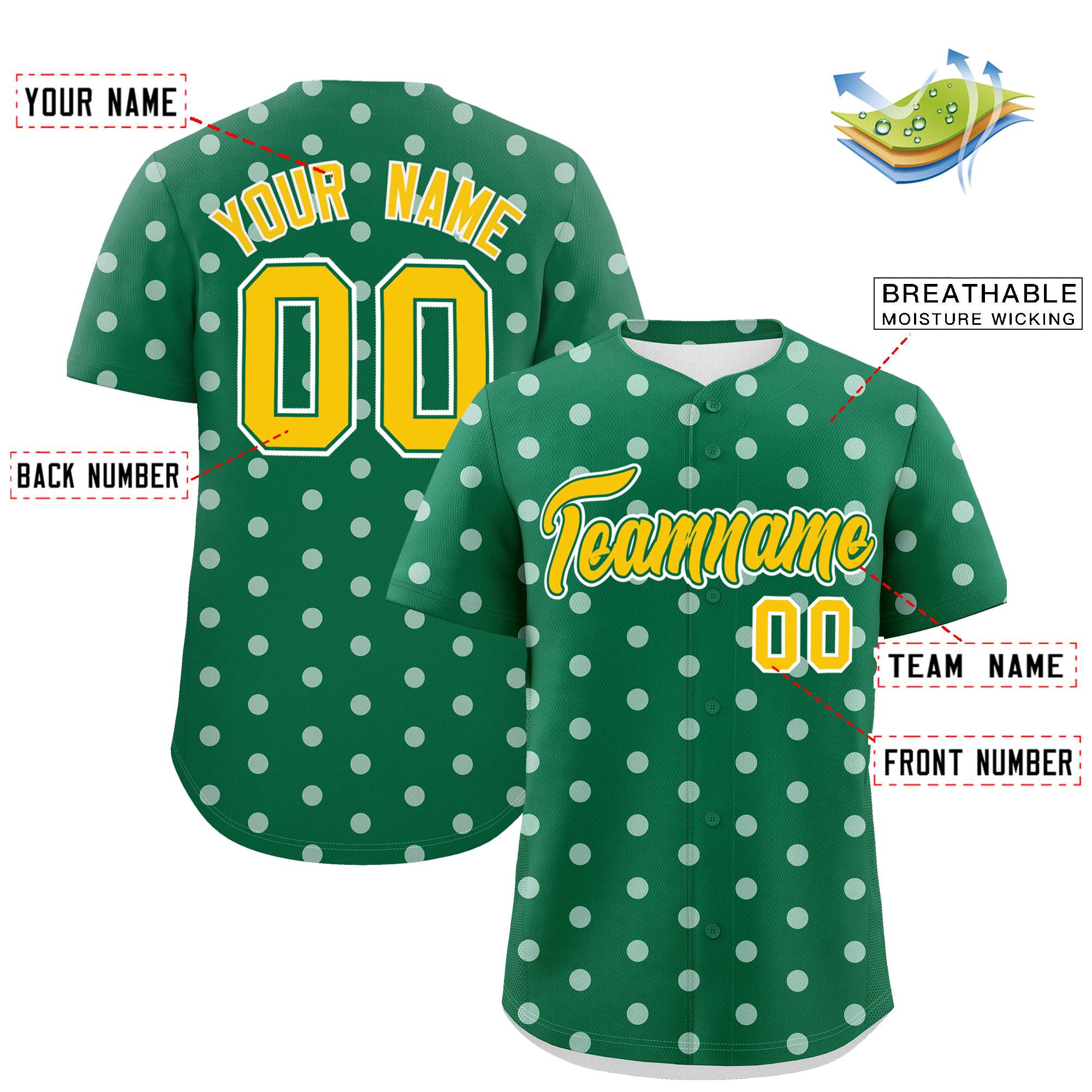 Custom Kelly Green White Personalized Polka Dot Graffiti Pattern Authentic Baseball Jersey