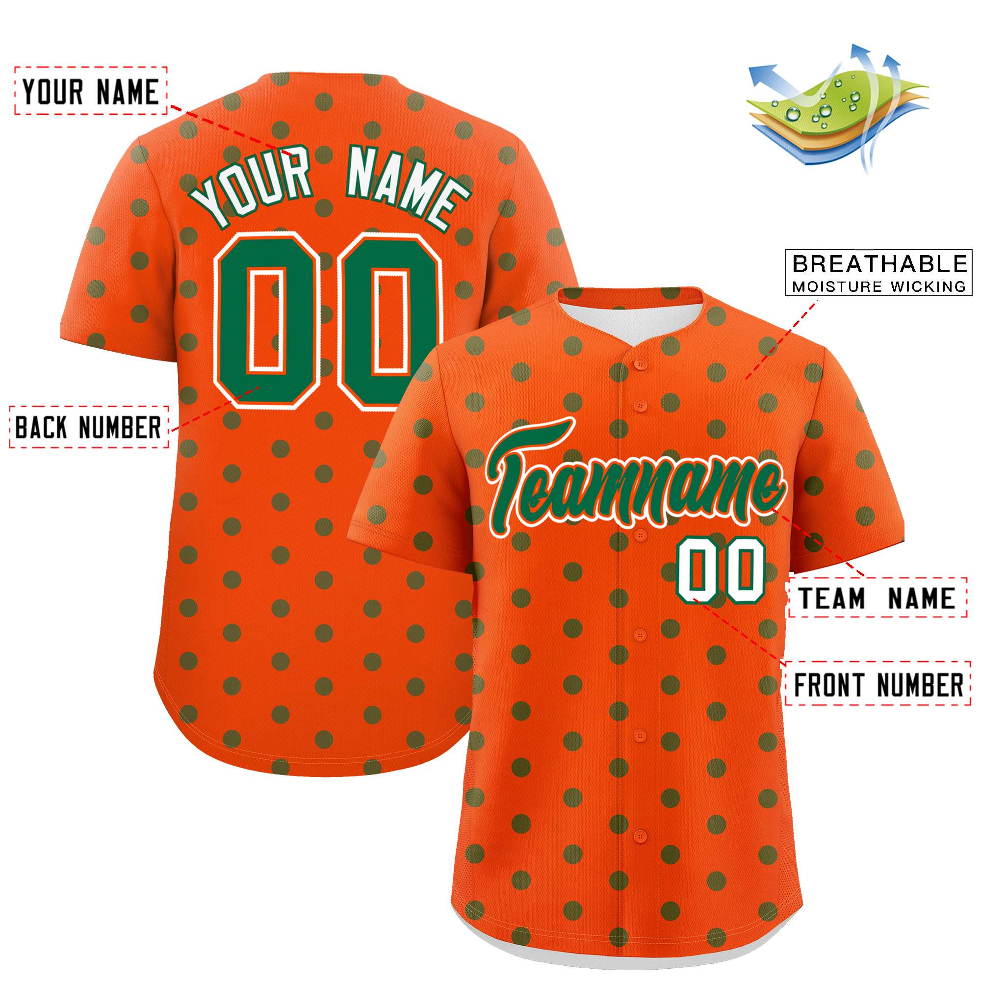 Custom Orange Kelly Green Personalized Polka Dot Graffiti Pattern Authentic Baseball Jersey