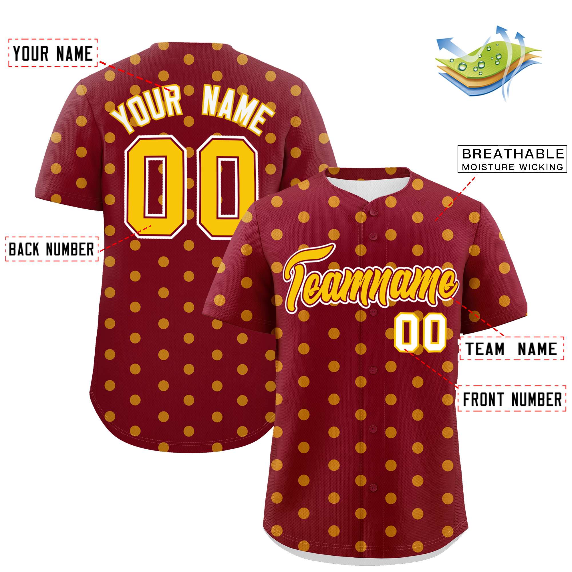 Custom Crimson Gold Personalized Polka Dot Graffiti Pattern Authentic Baseball Jersey