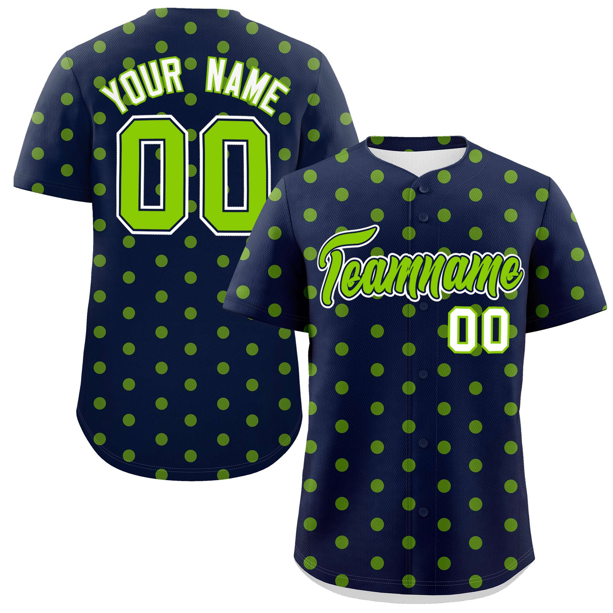 Custom Navy Neon Green Personalized Polka Dot Graffiti Pattern Authentic Baseball Jersey