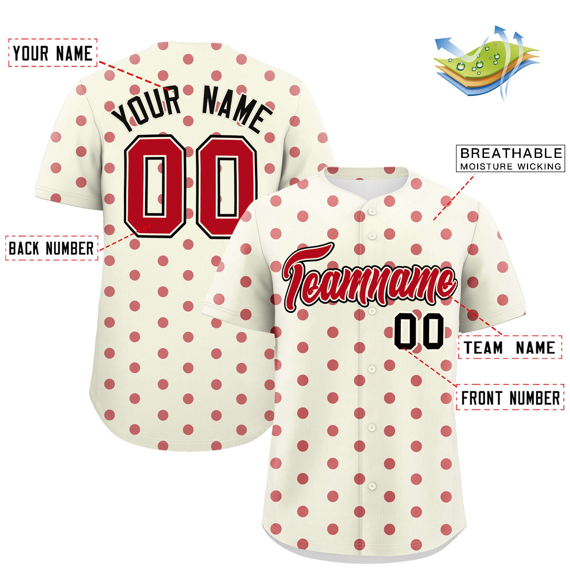 Custom Cream Red Personalized Polka Dot Graffiti Pattern Authentic Baseball Jersey