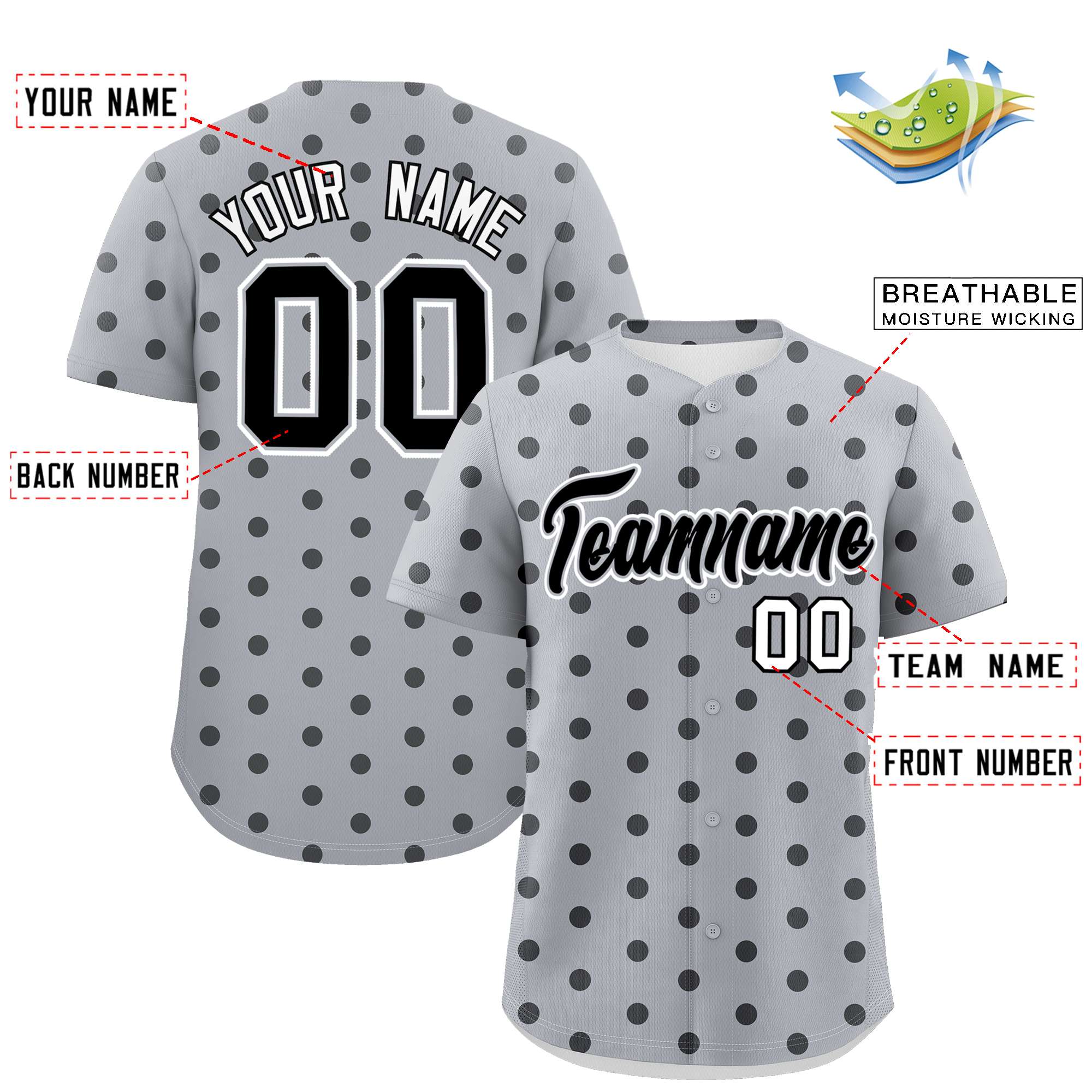 Custom Gray Black Personalized Polka Dot Graffiti Pattern Authentic Baseball Jersey