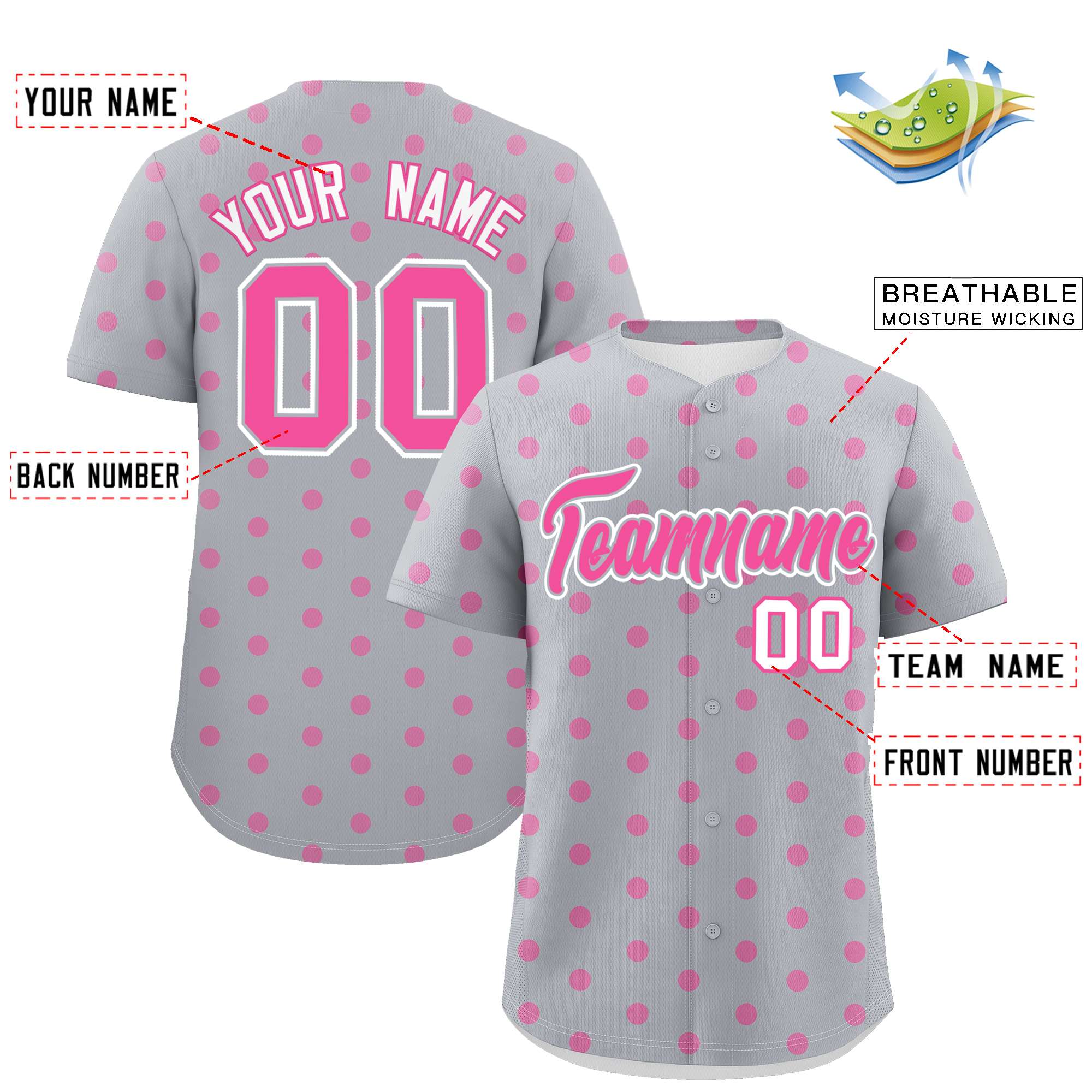 Custom Gray Pink Personalized Polka Dot Graffiti Pattern Authentic Baseball Jersey