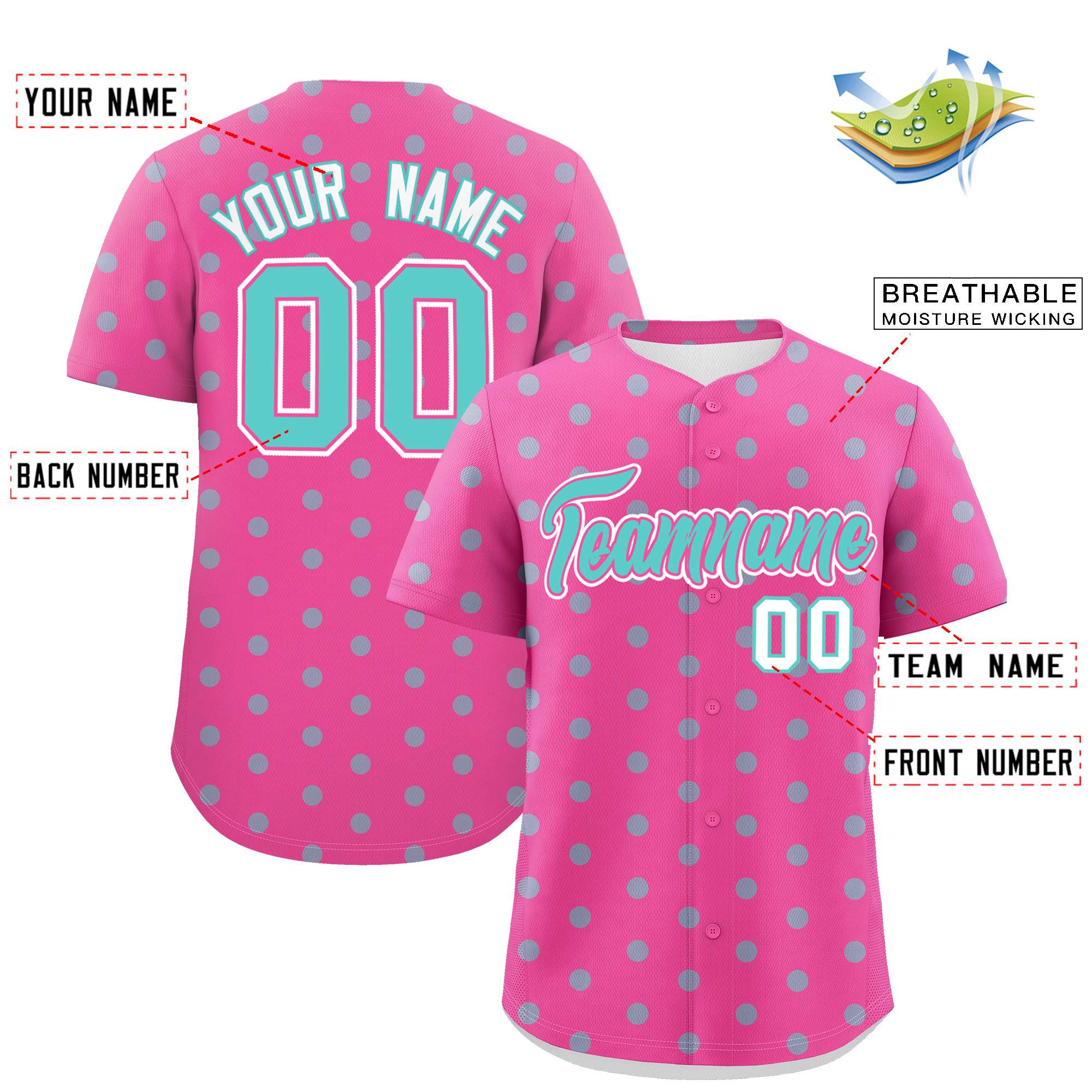 Custom Pink Bright Green Personalized Polka Dot Graffiti Pattern Authentic Baseball Jersey