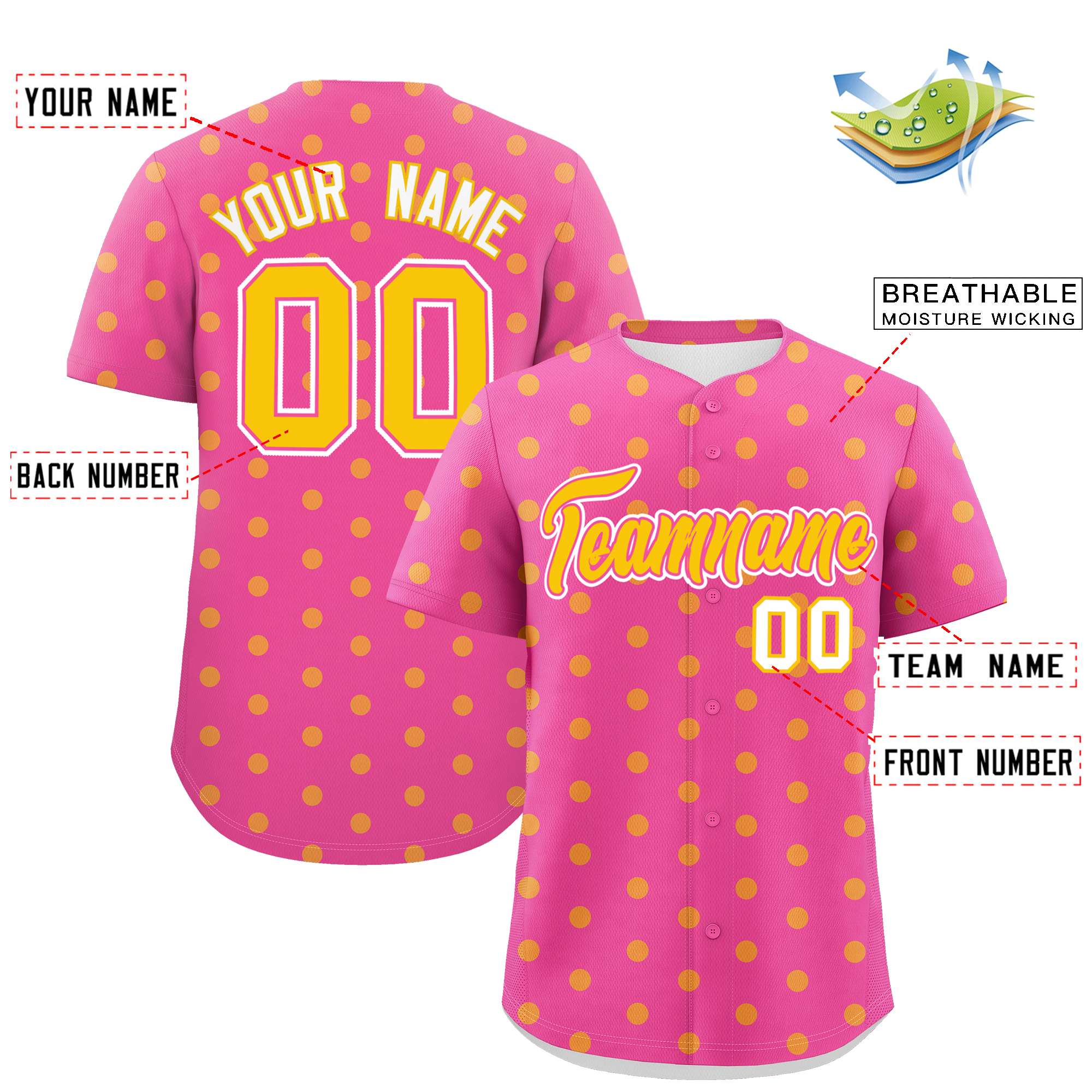 Custom Pink Gold Personalized Polka Dot Graffiti Pattern Authentic Baseball Jersey