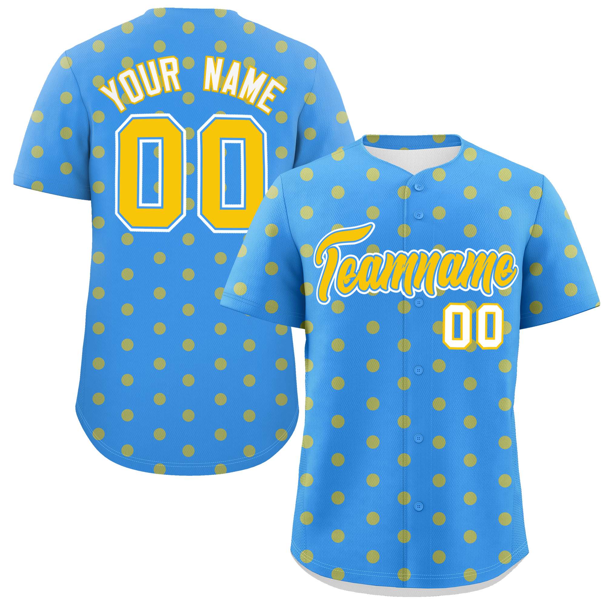 Custom Powder Blue Gold Personalized Polka Dot Graffiti Pattern Authentic Baseball Jersey