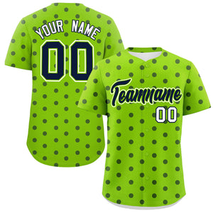 Custom Neon Green Navy Personalized Polka Dot Graffiti Pattern Authentic Baseball Jersey