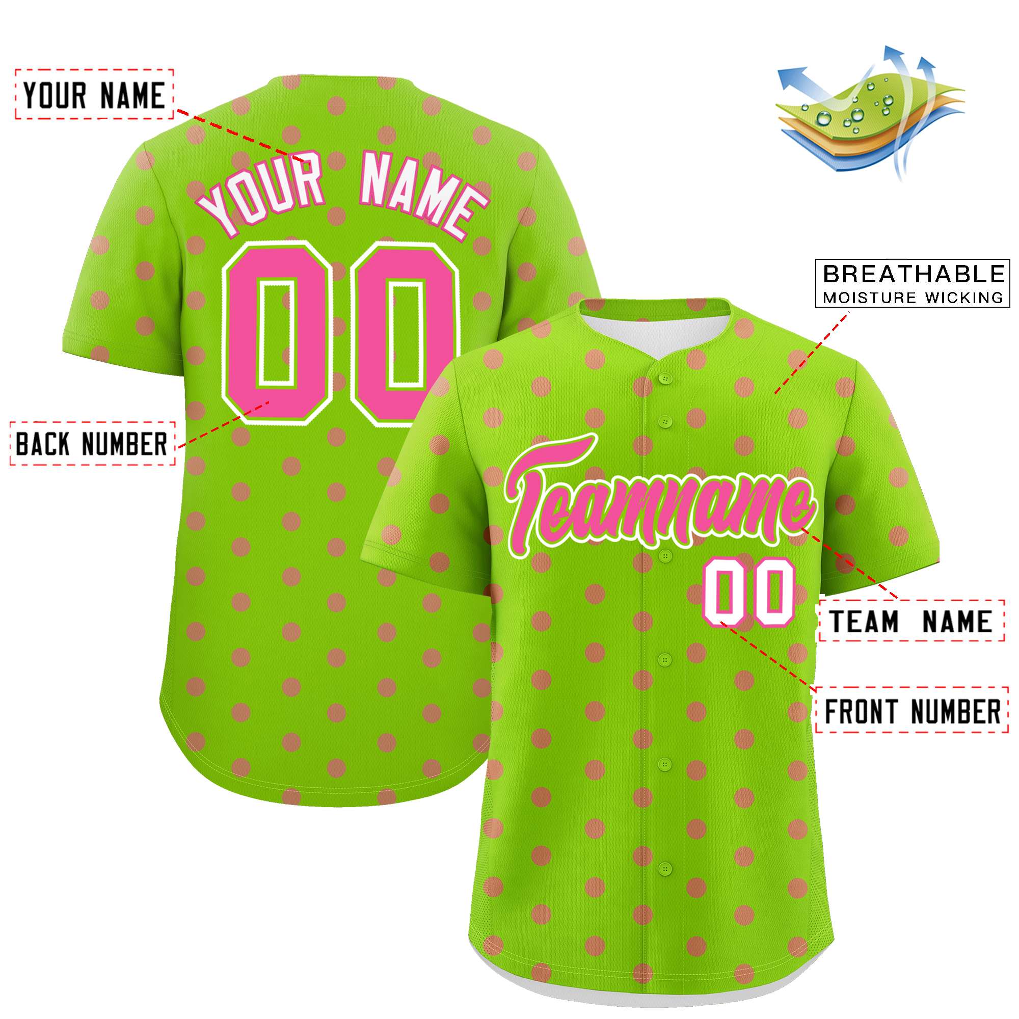 Custom Neon Green Pink Personalized Polka Dot Graffiti Pattern Authentic Baseball Jersey