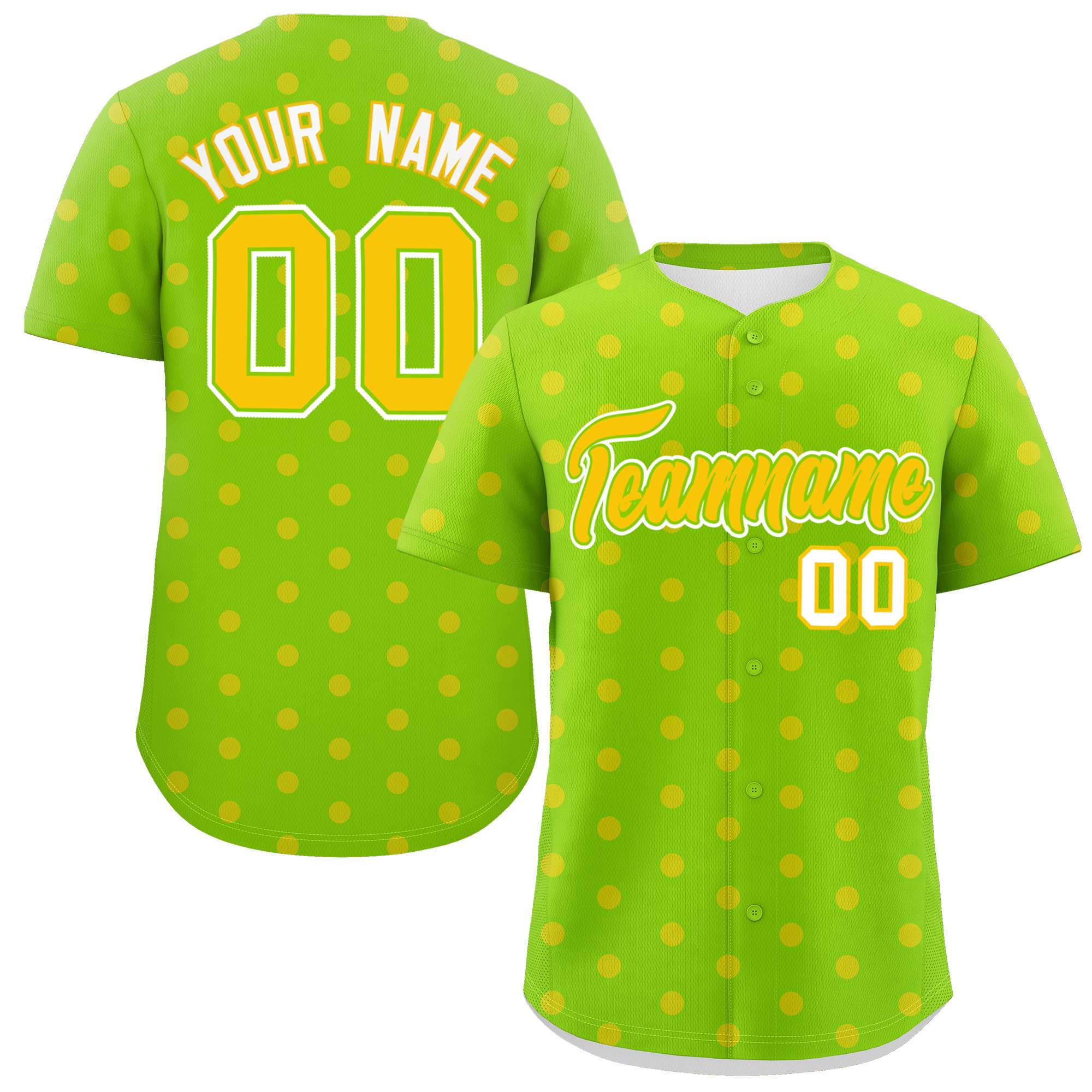 Custom Neon Green Gold Personalized Polka Dot Graffiti Pattern Authentic Baseball Jersey