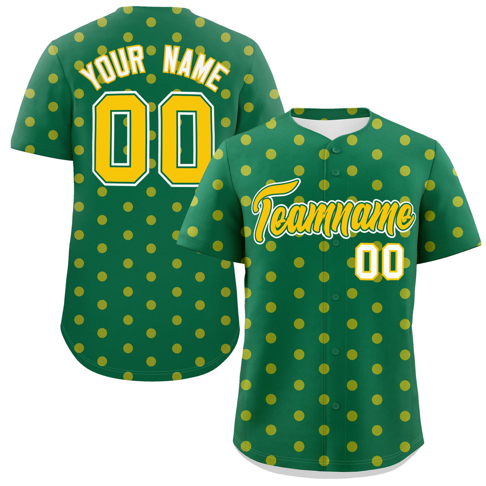 Custom Kelly Green Gold Personalized Polka Dot Graffiti Pattern Authentic Baseball Jersey