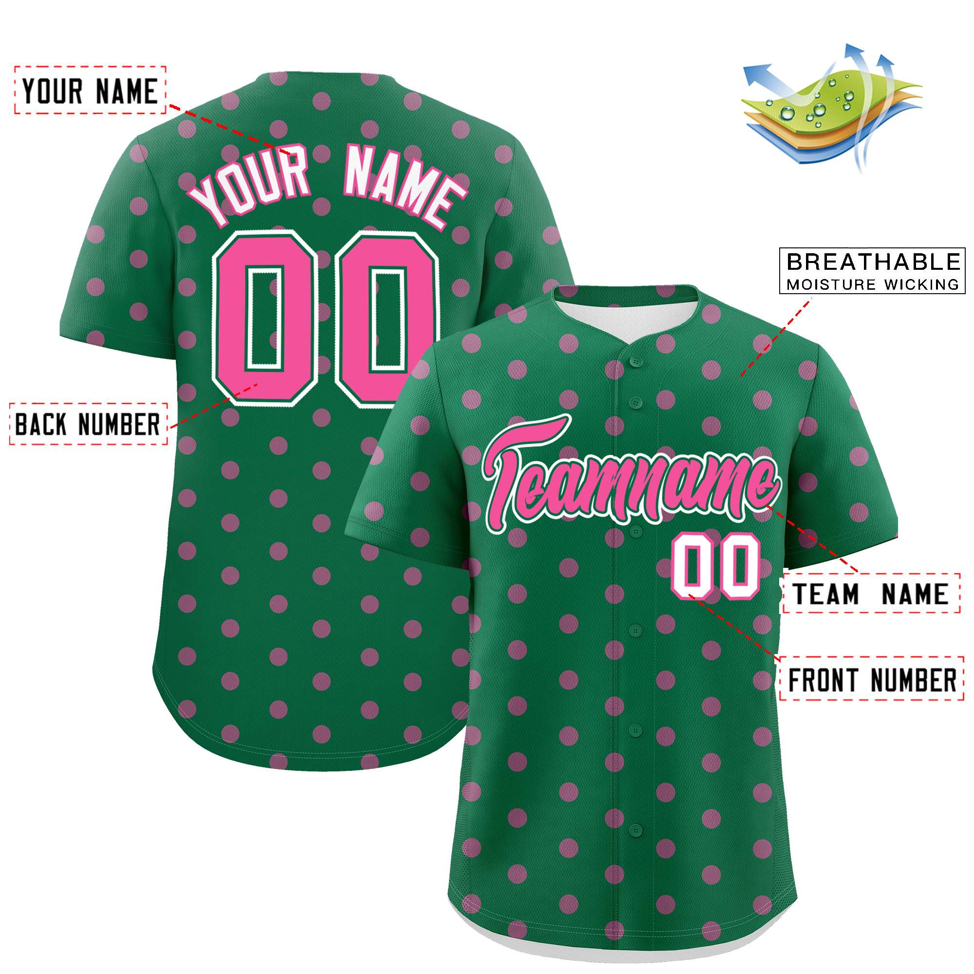 Custom Kelly Green Pink Personalized Polka Dot Graffiti Pattern Authentic Baseball Jersey