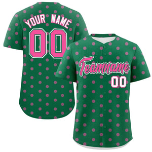 Custom Kelly Green Pink Personalized Polka Dot Graffiti Pattern Authentic Baseball Jersey