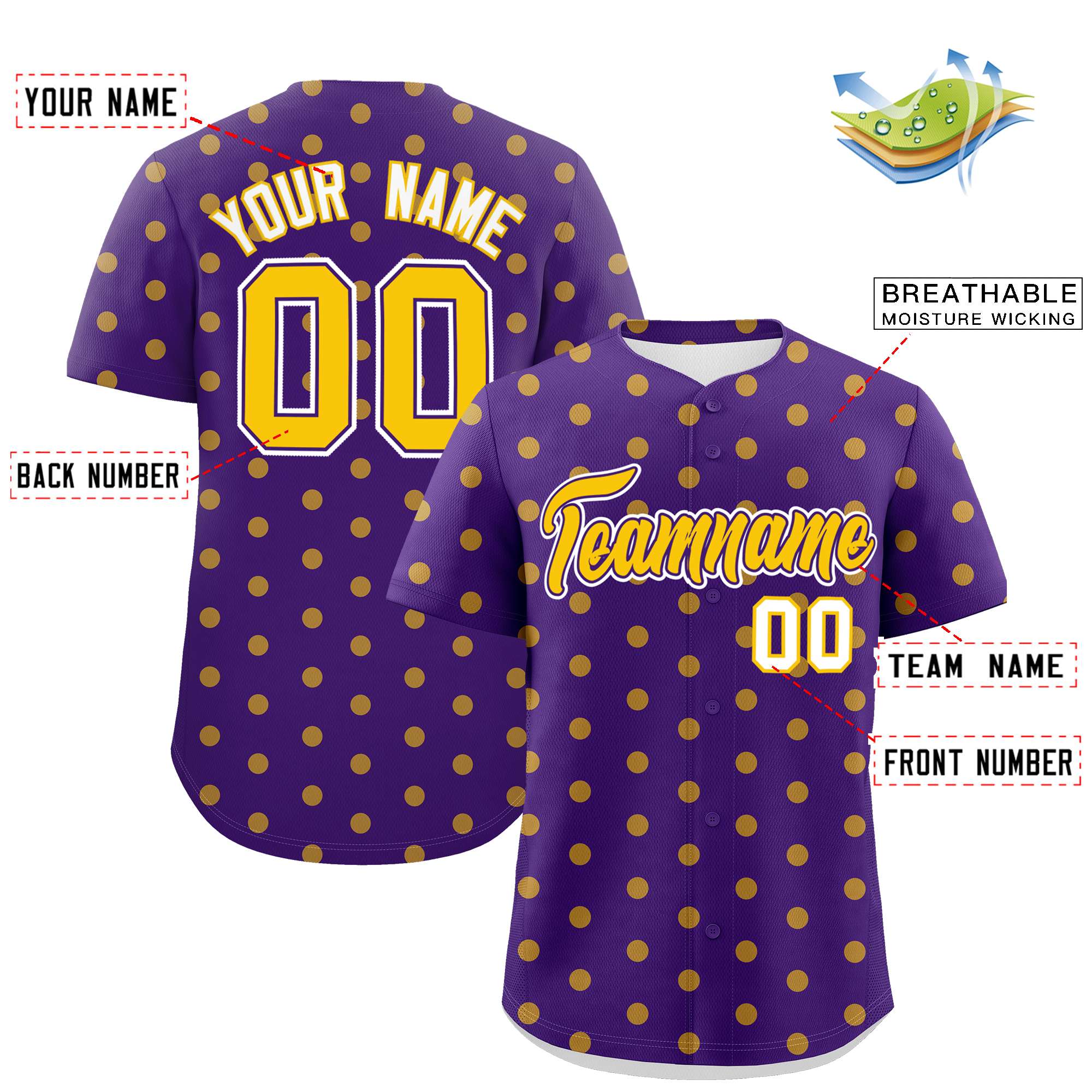 Custom Purple Gold Personalized Polka Dot Graffiti Pattern Authentic Baseball Jersey