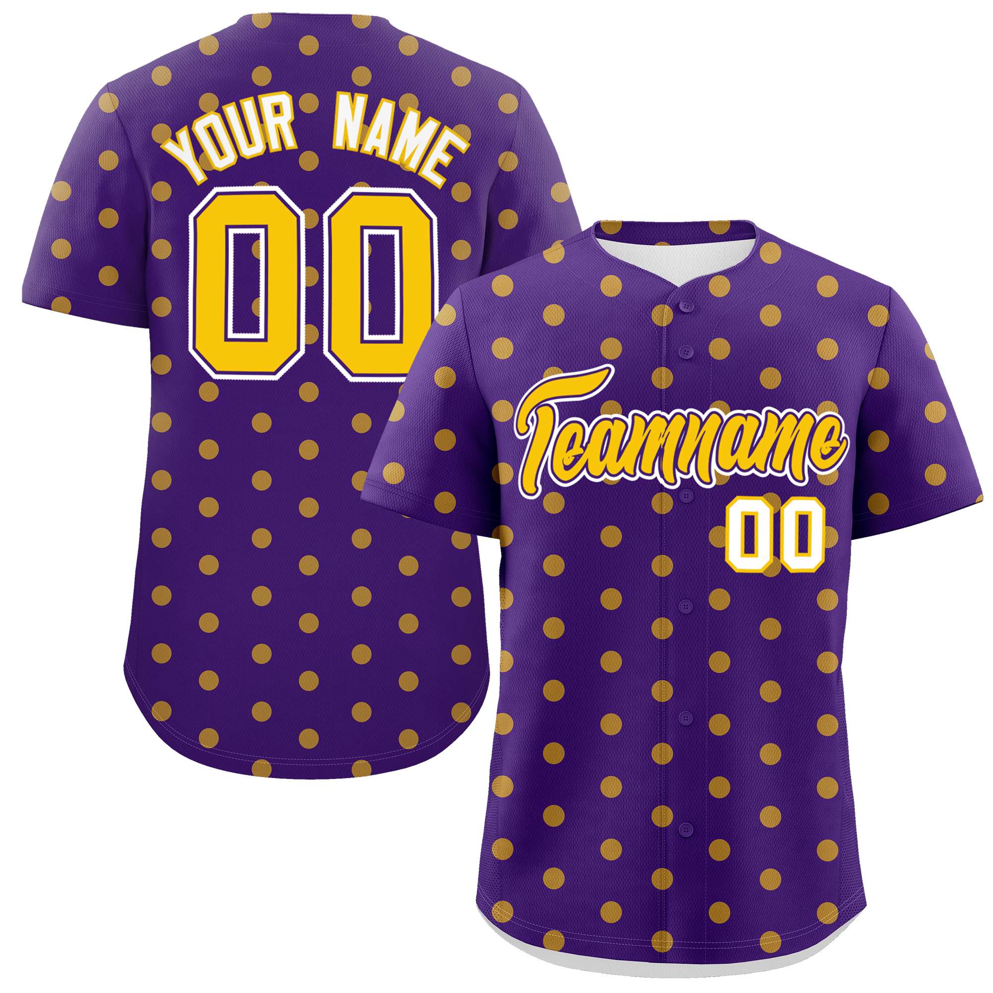 Custom Purple Gold Personalized Polka Dot Graffiti Pattern Authentic Baseball Jersey