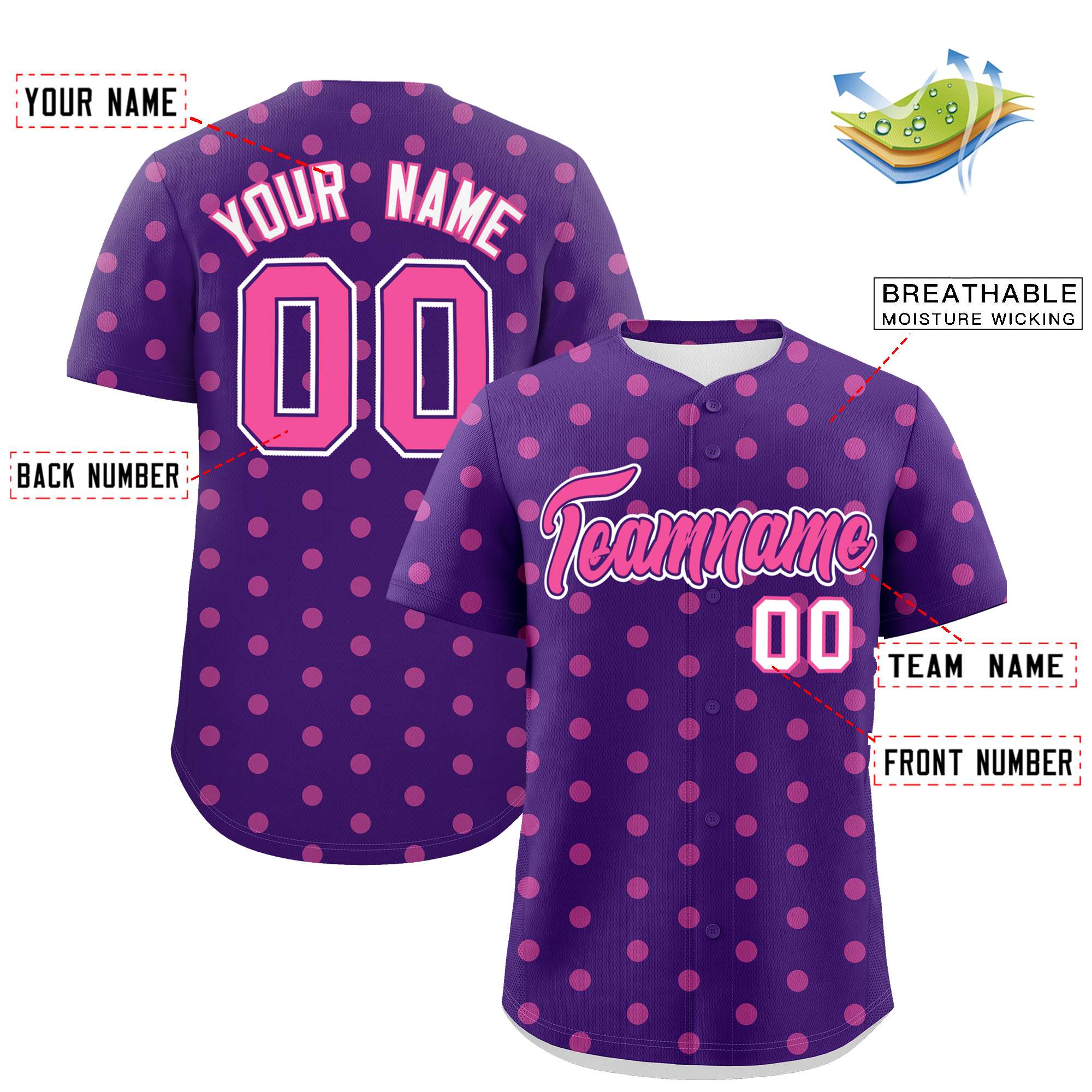 Custom Purple Pink Personalized Polka Dot Graffiti Pattern Authentic Baseball Jersey