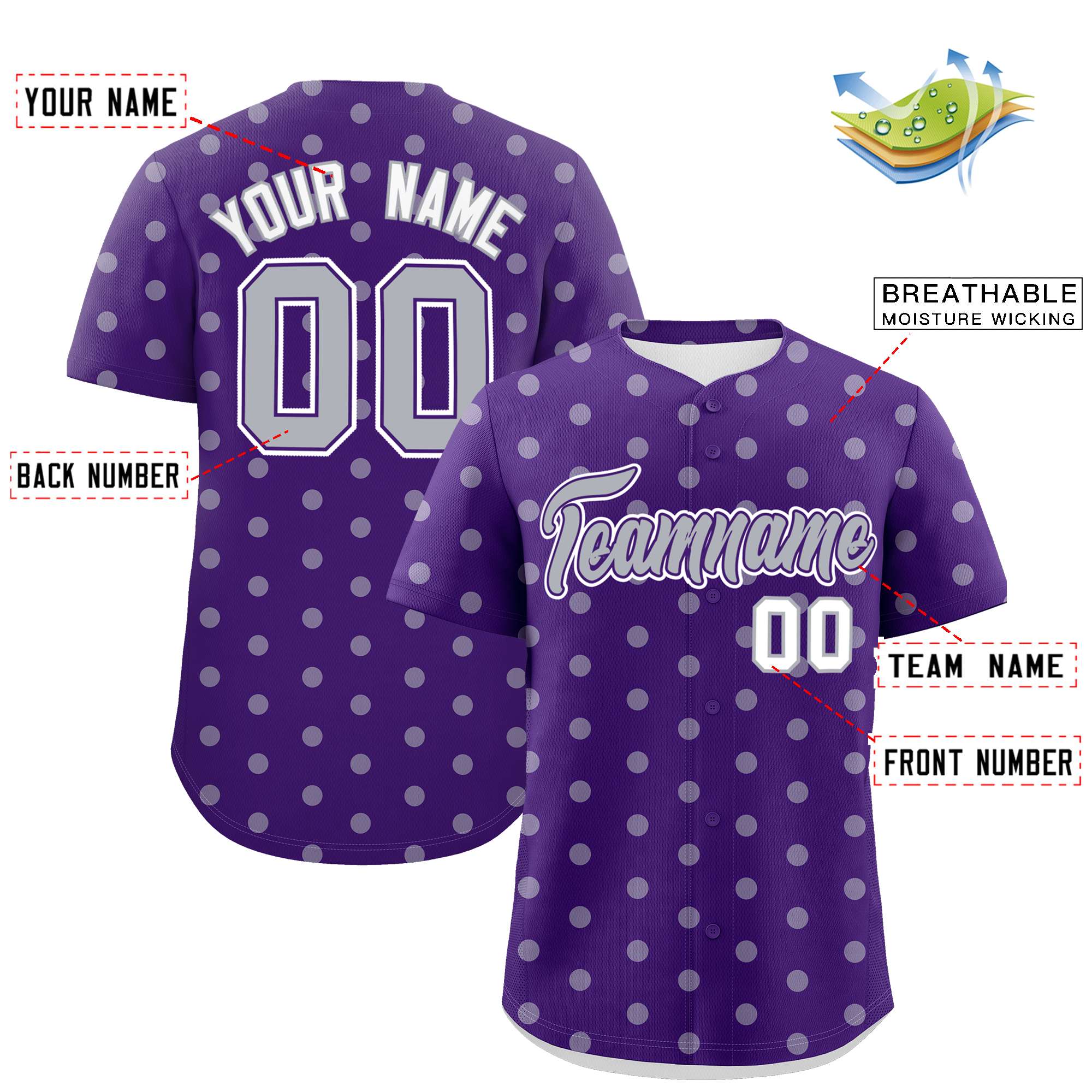 Custom Purple Gray Personalized Polka Dot Graffiti Pattern Authentic Baseball Jersey