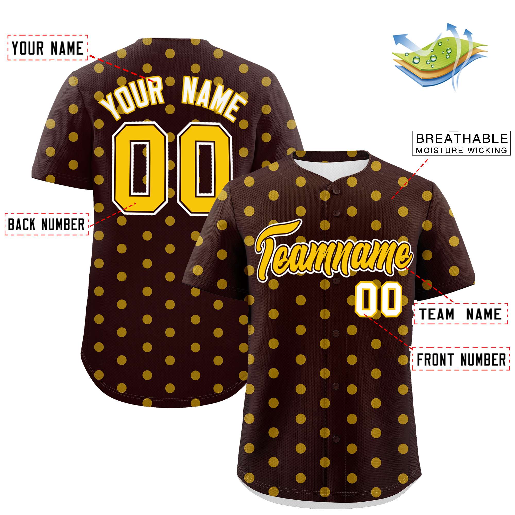 Custom Brown Gold Personalized Polka Dot Graffiti Pattern Authentic Baseball Jersey