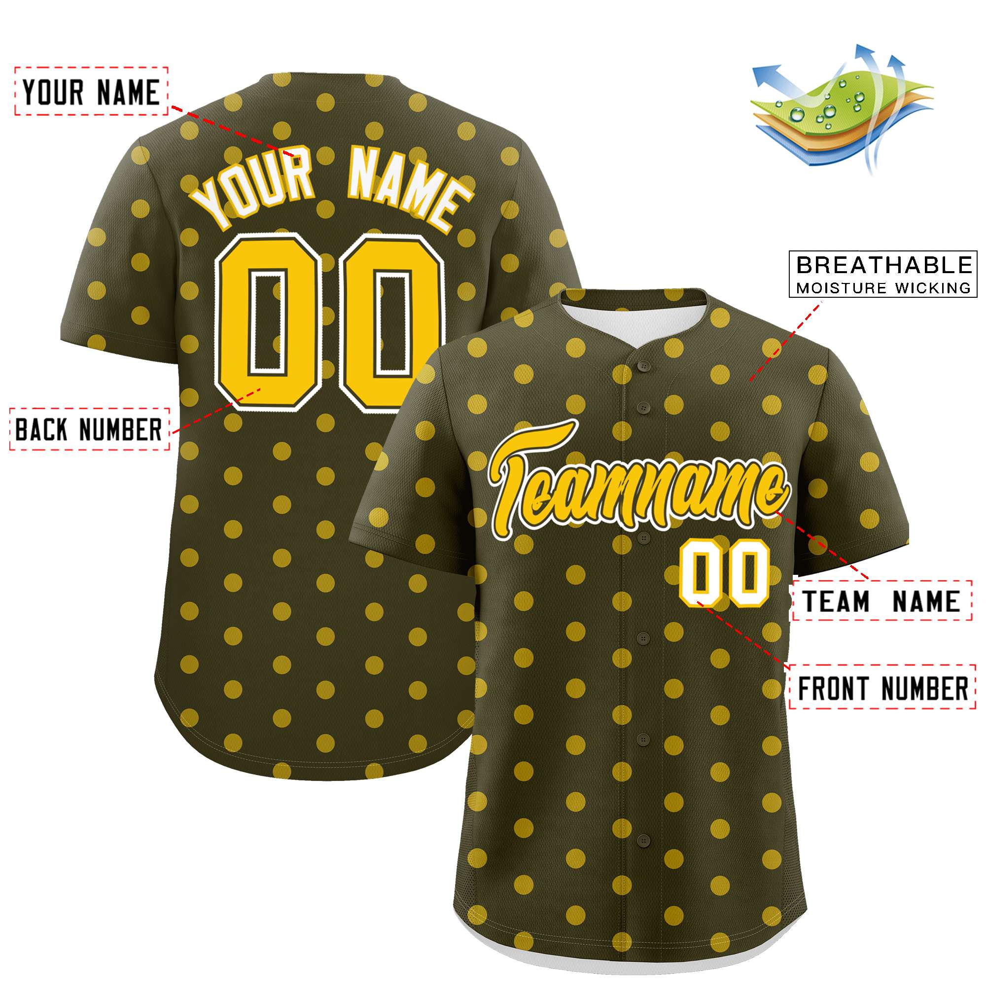 Custom Olive Gold Personalized Polka Dot Graffiti Pattern Authentic Baseball Jersey