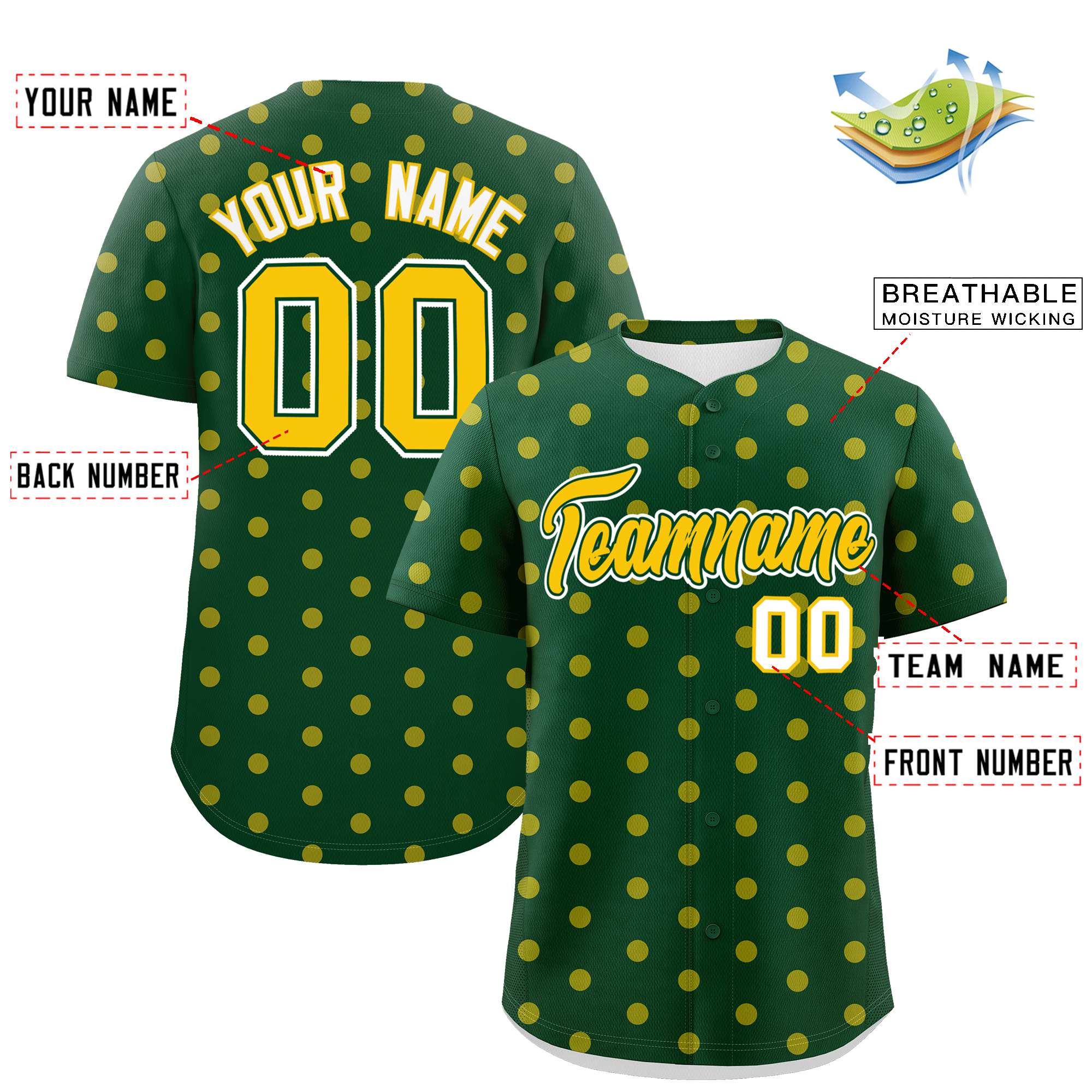 Custom Green Gold Personalized Polka Dot Graffiti Pattern Authentic Baseball Jersey