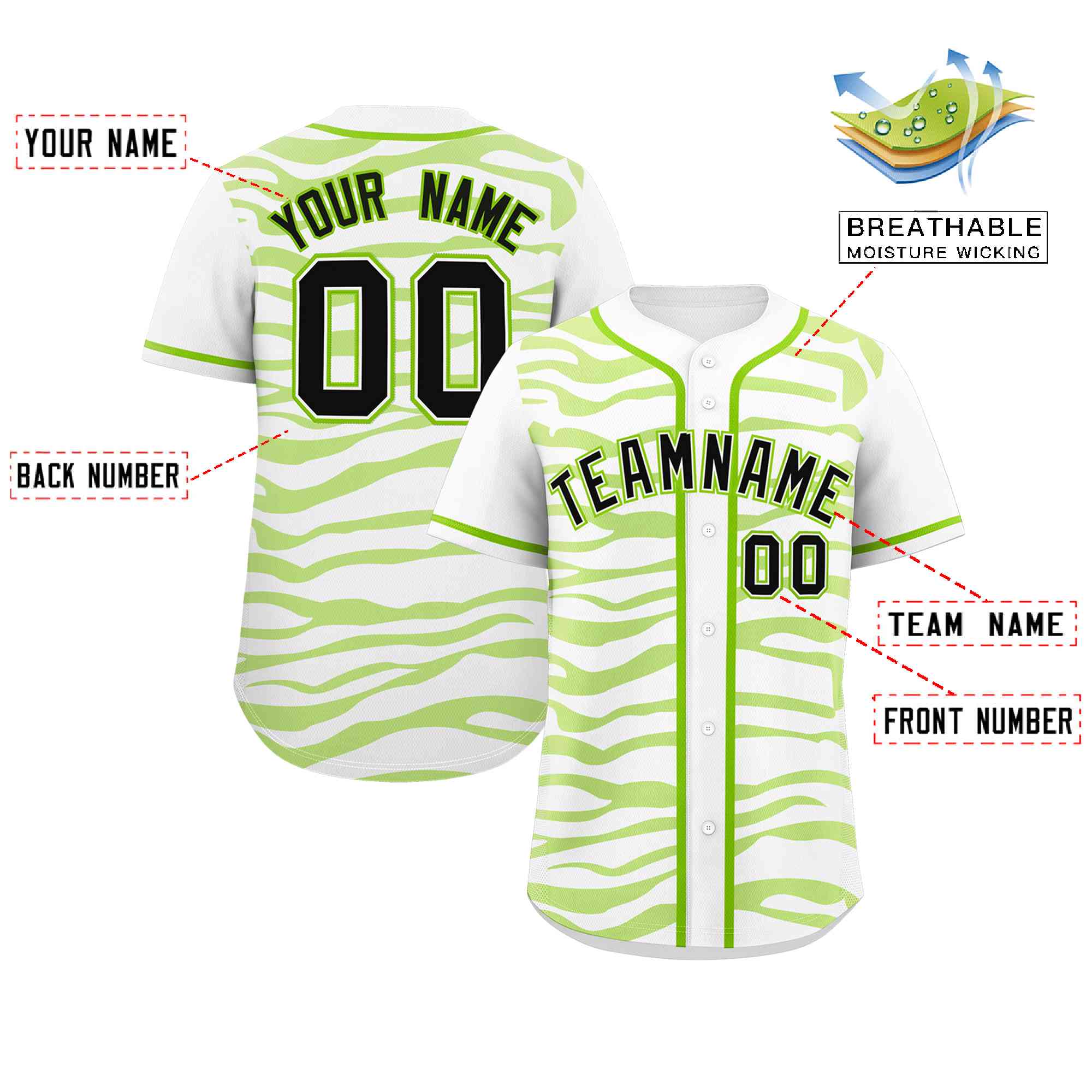 Custom White Neon Green Zebra Stripes Graffiti Pattern Authentic Baseball Jersey