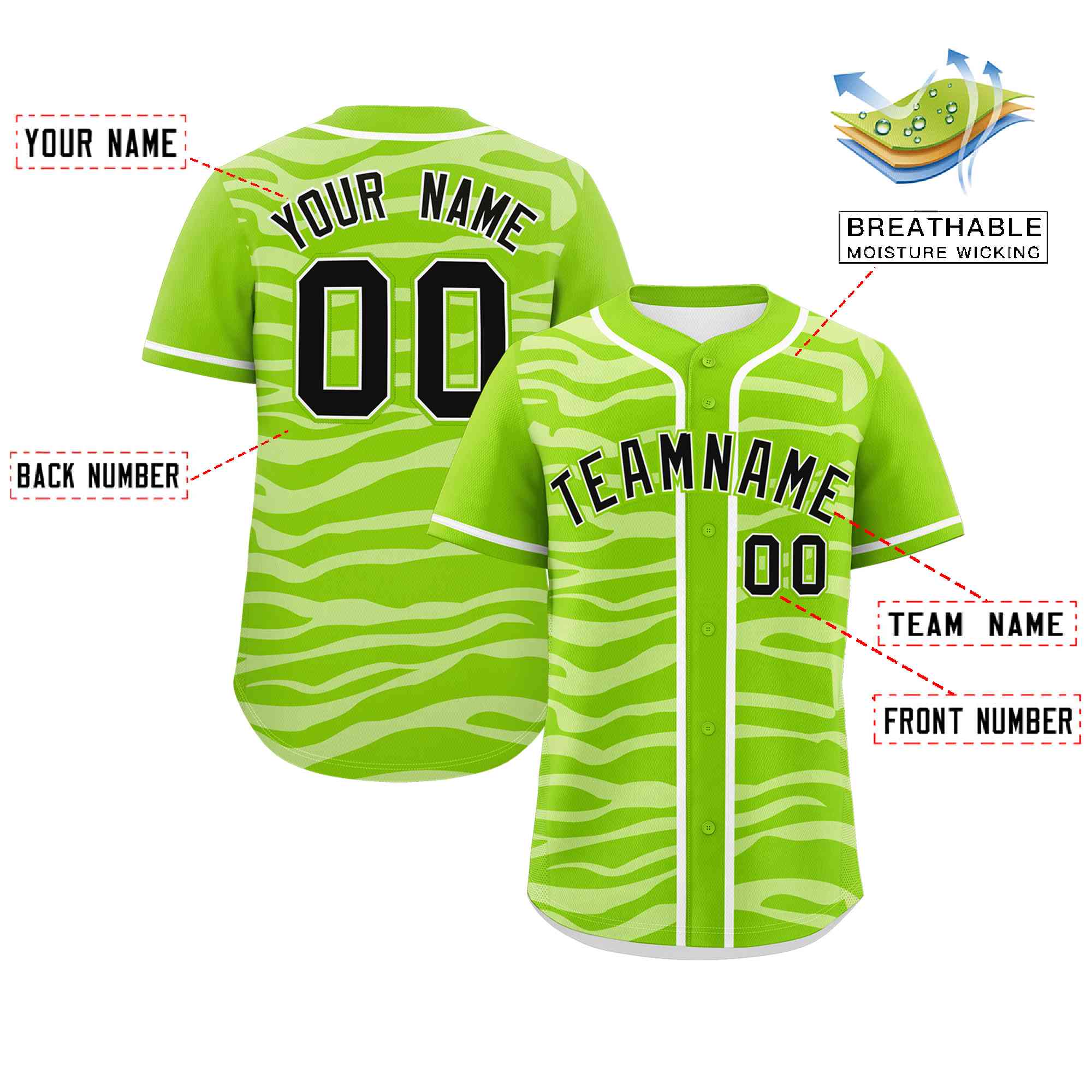 Custom Neon Green White Zebra Stripes Graffiti Pattern Authentic Baseball Jersey