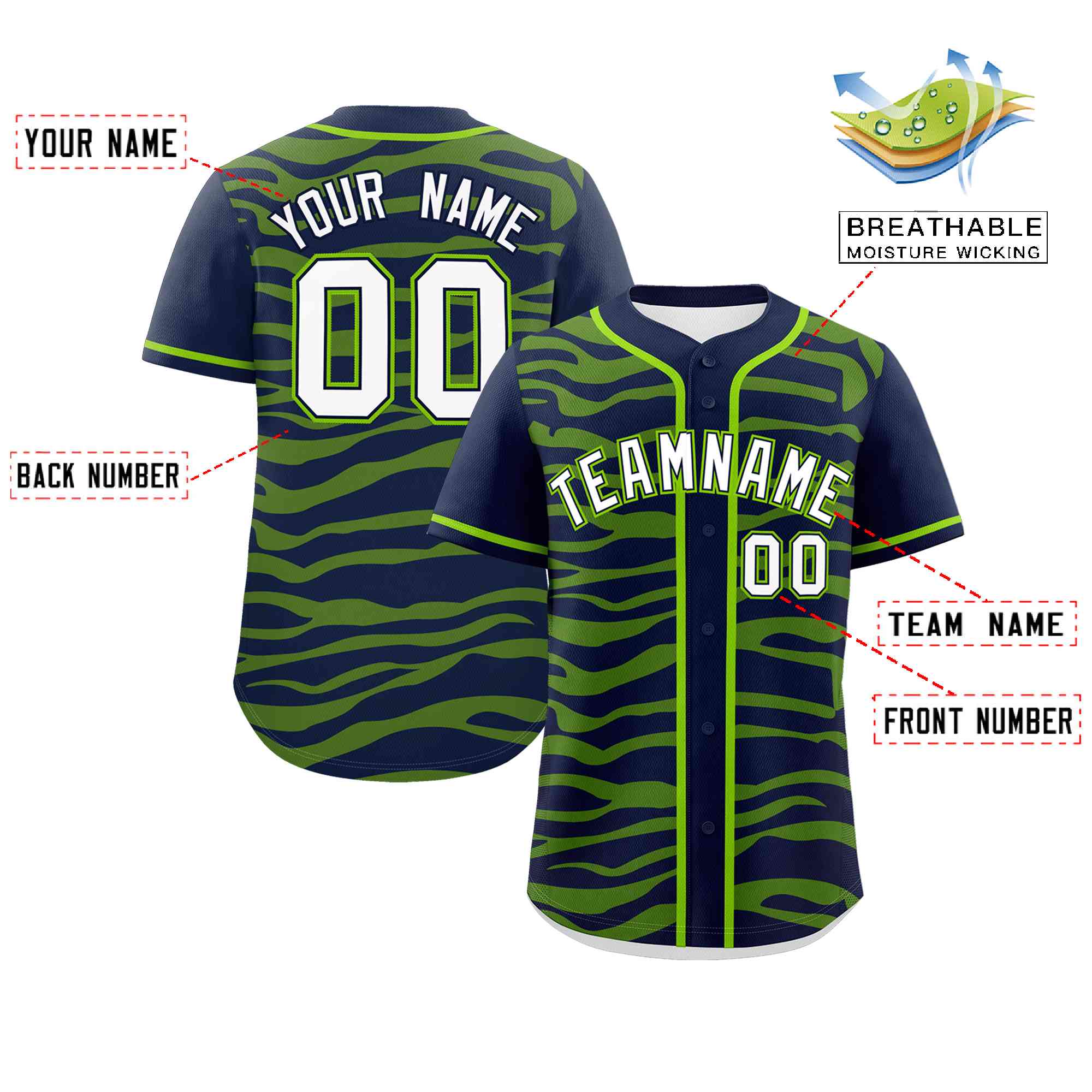 Custom Navy Neon Green Zebra Stripes Graffiti Pattern Authentic Baseball Jersey