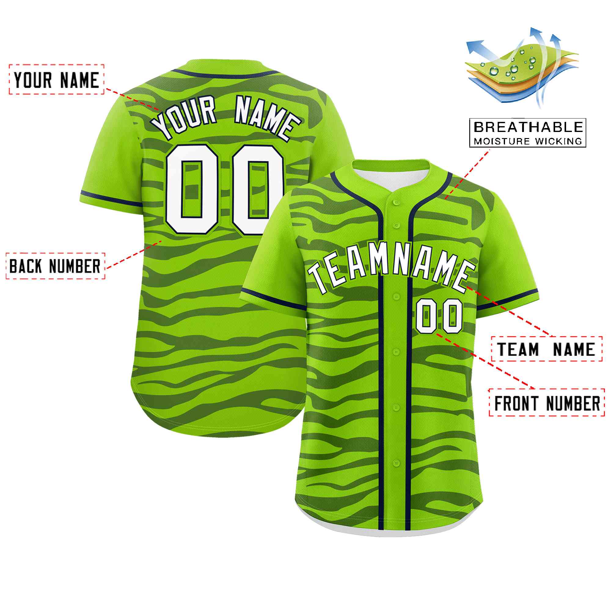 Custom Neon Green Navy Zebra Stripes Graffiti Pattern Authentic Baseball Jersey