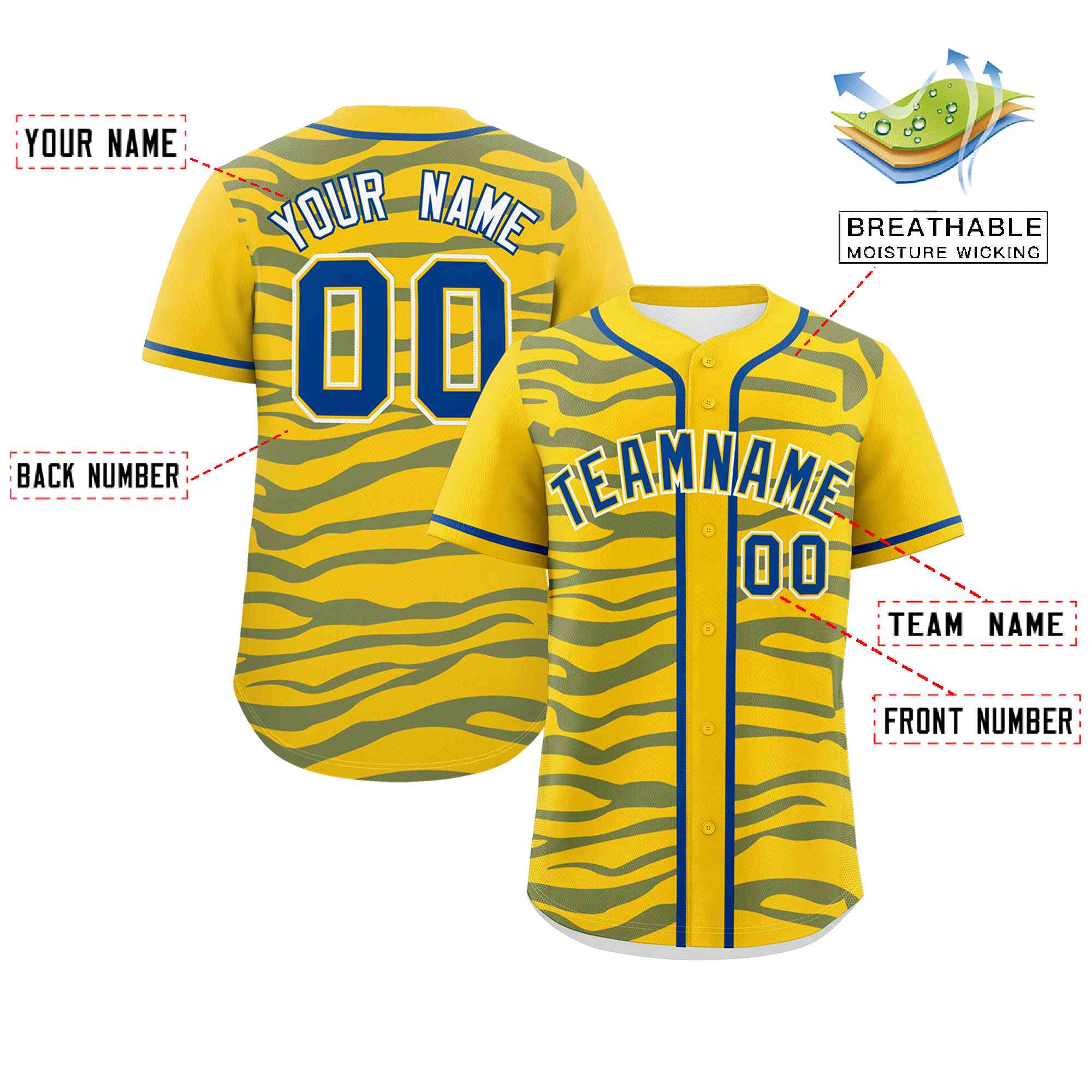 Custom Gold Royal Zebra Stripes Graffiti Pattern Authentic Baseball Jersey