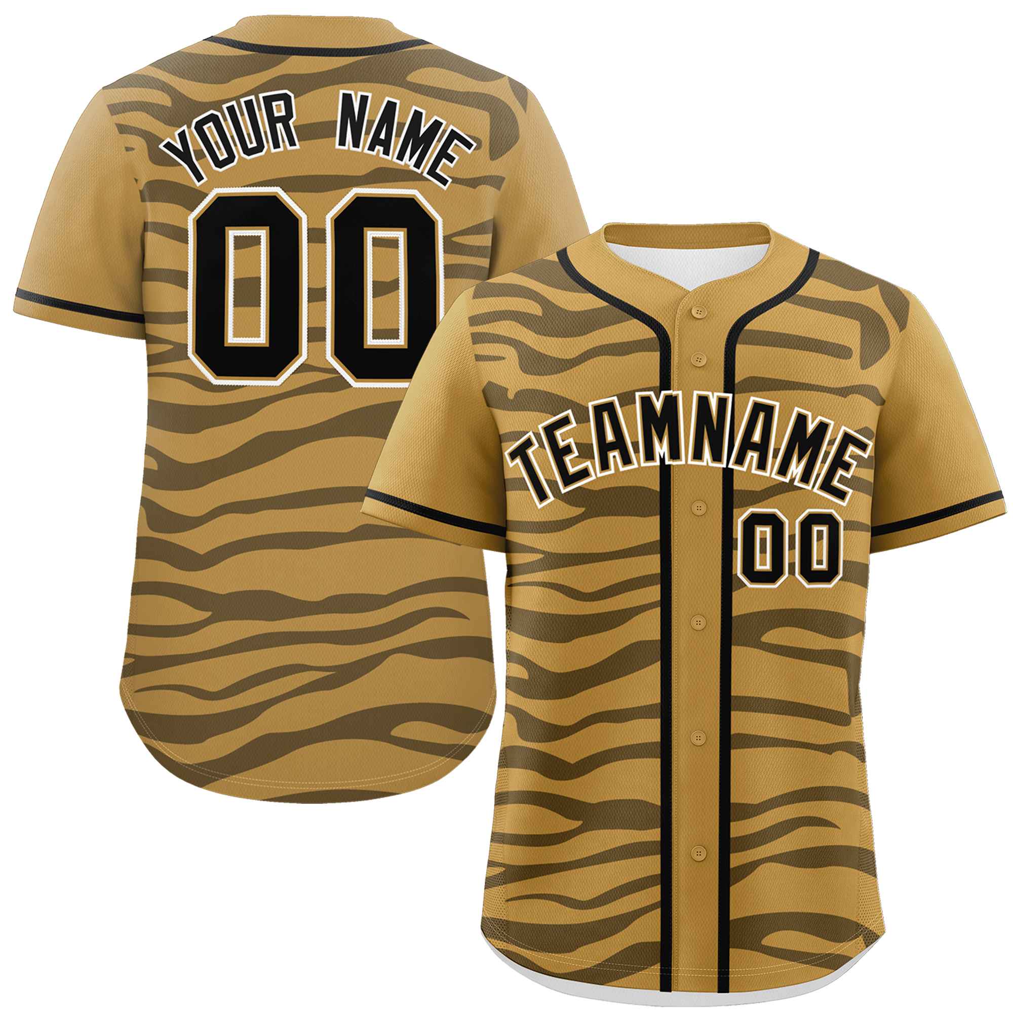 Custom Old Gold Black Zebra Stripes Graffiti Pattern Authentic Baseball Jersey