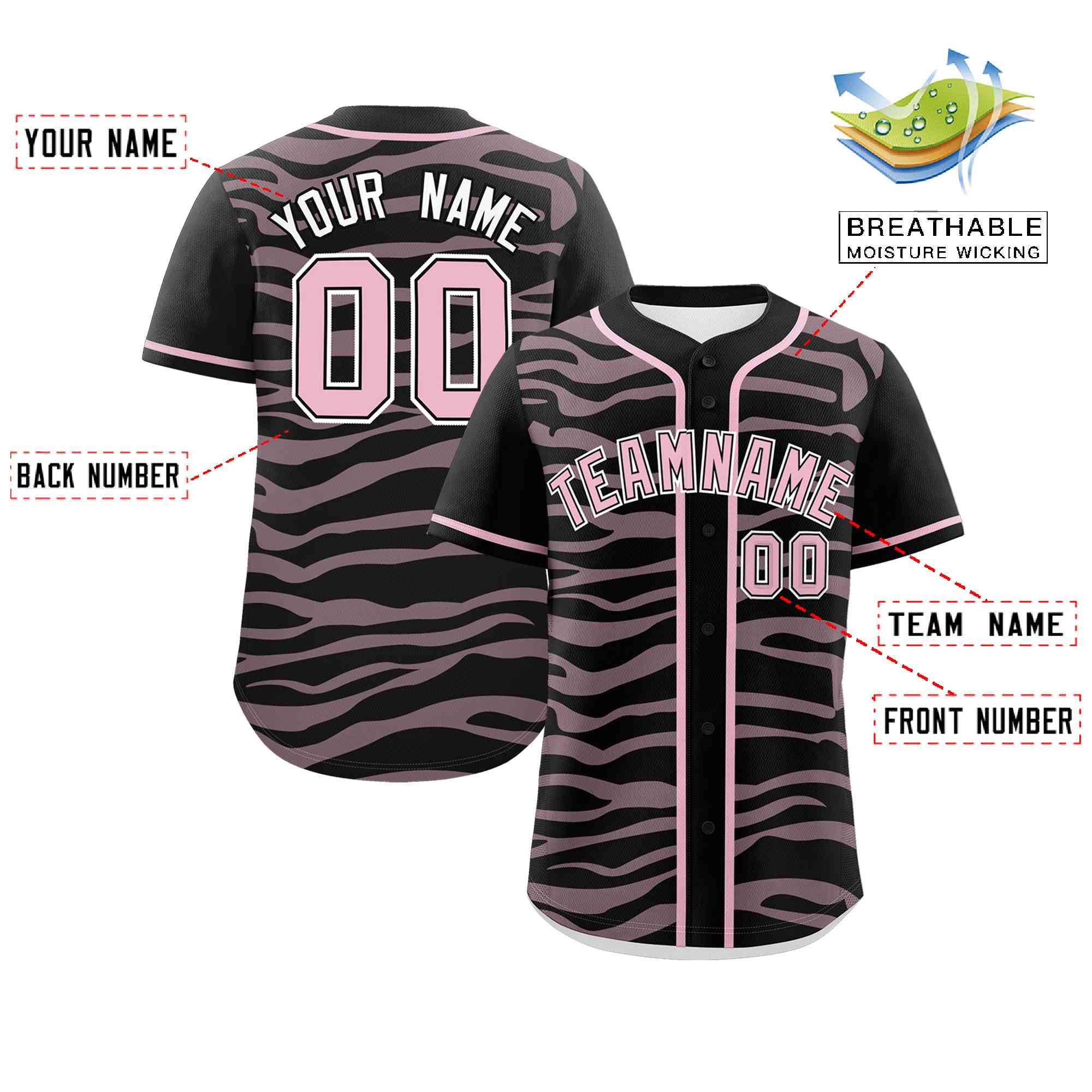 Custom Black Light Pink Zebra Stripes Graffiti Pattern Authentic Baseball Jersey