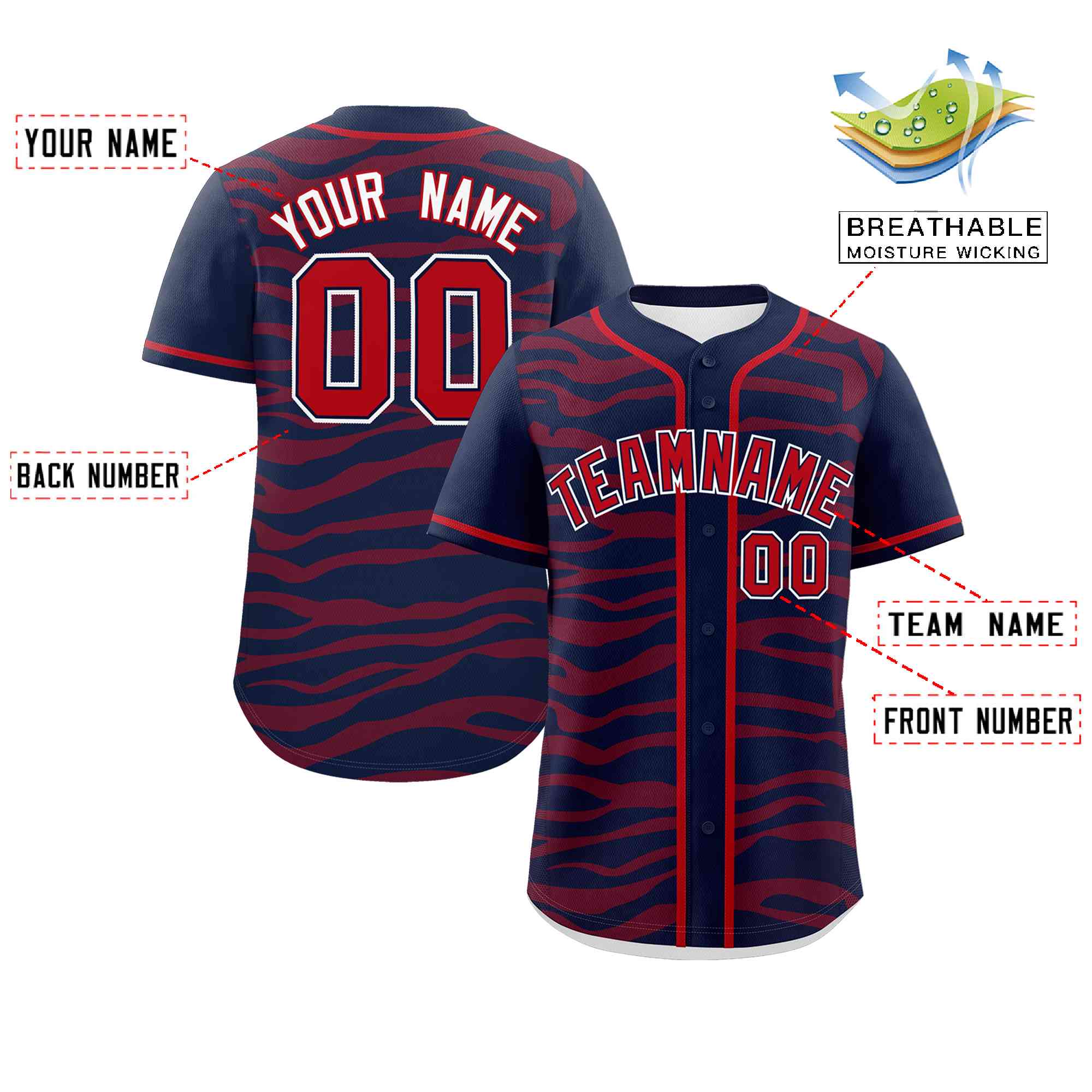 Custom Navy Red Zebra Stripes Graffiti Pattern Authentic Baseball Jersey