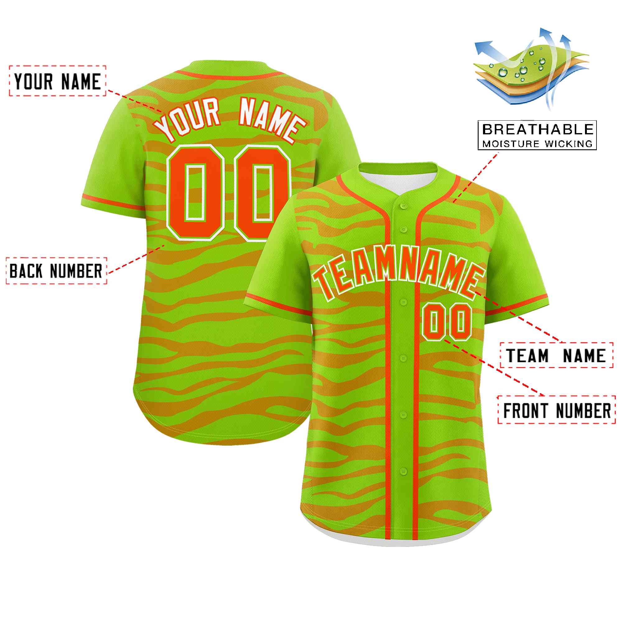 Custom Neon Green Orange Zebra Stripes Graffiti Pattern Authentic Baseball Jersey