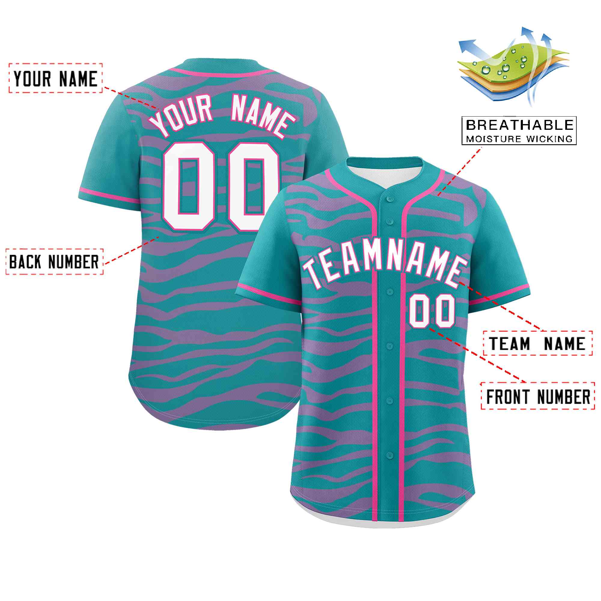 Custom Aqua Pink Zebra Stripes Graffiti Pattern Authentic Baseball Jersey