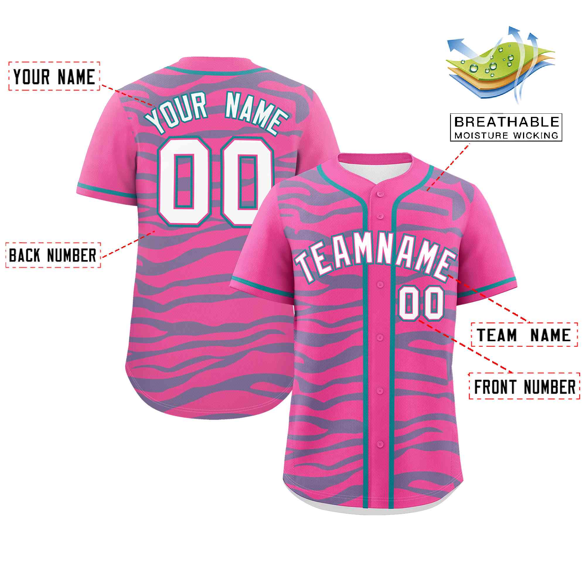 Custom Pink Aqua Zebra Stripes Graffiti Pattern Authentic Baseball Jersey