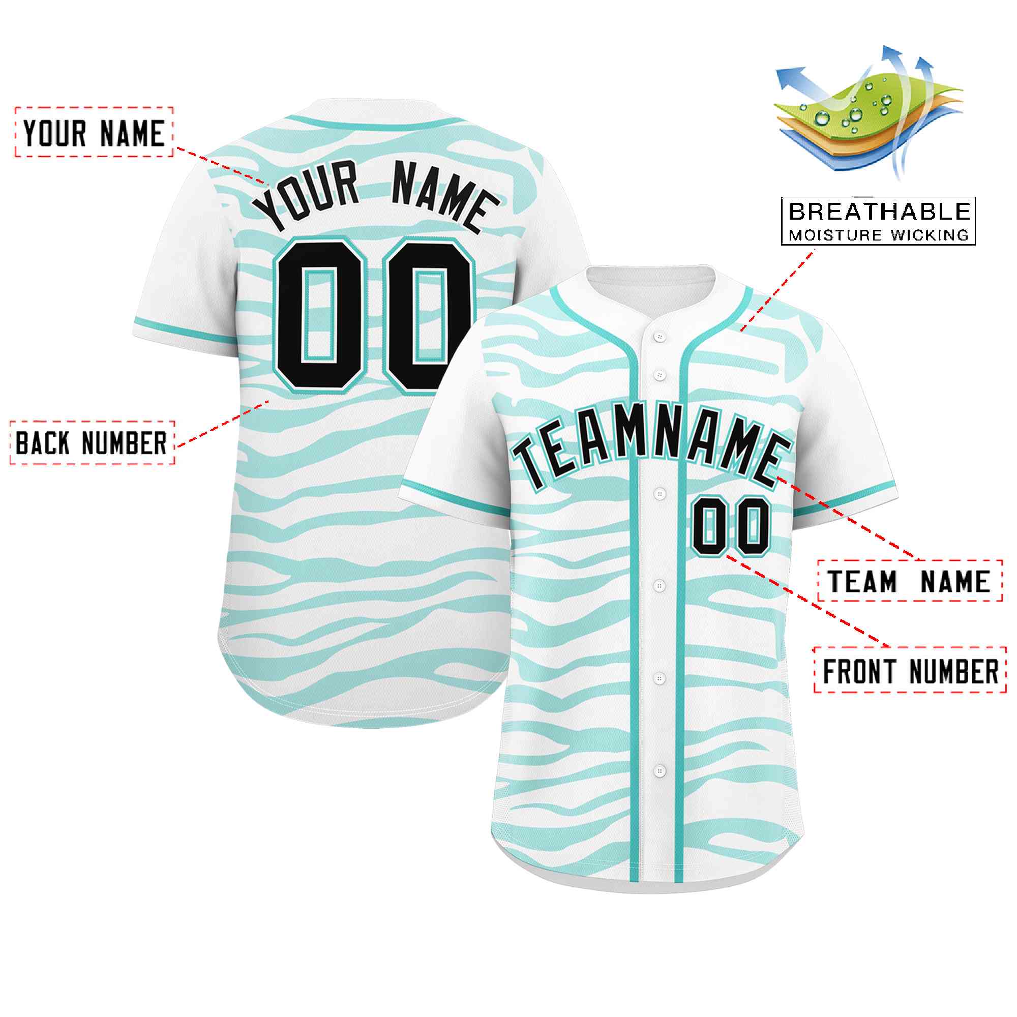 Custom White Aqua Zebra Stripes Graffiti Pattern Authentic Baseball Jersey