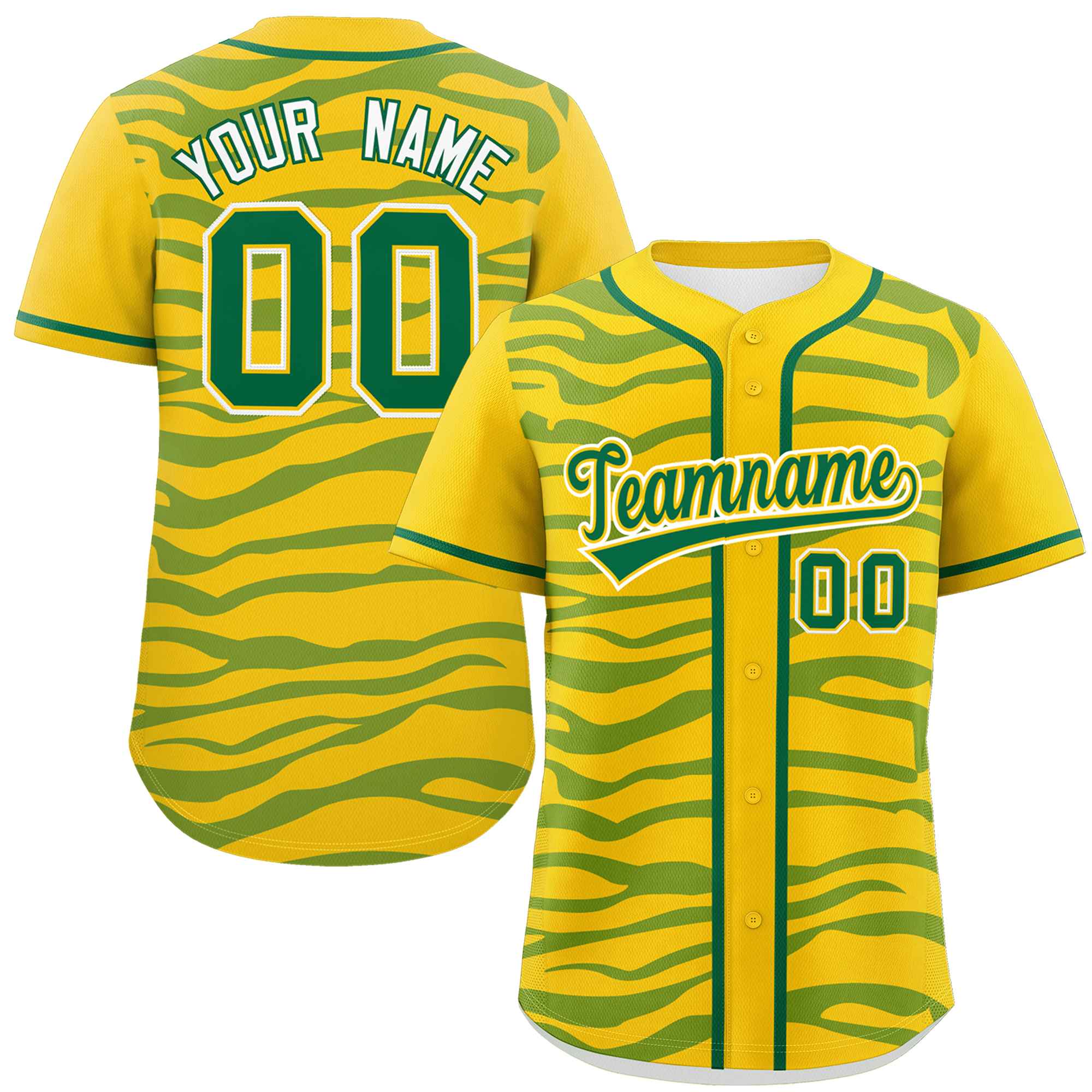 Custom Gold Kelly Green Zebra Stripes Graffiti Pattern Authentic Baseball Jersey