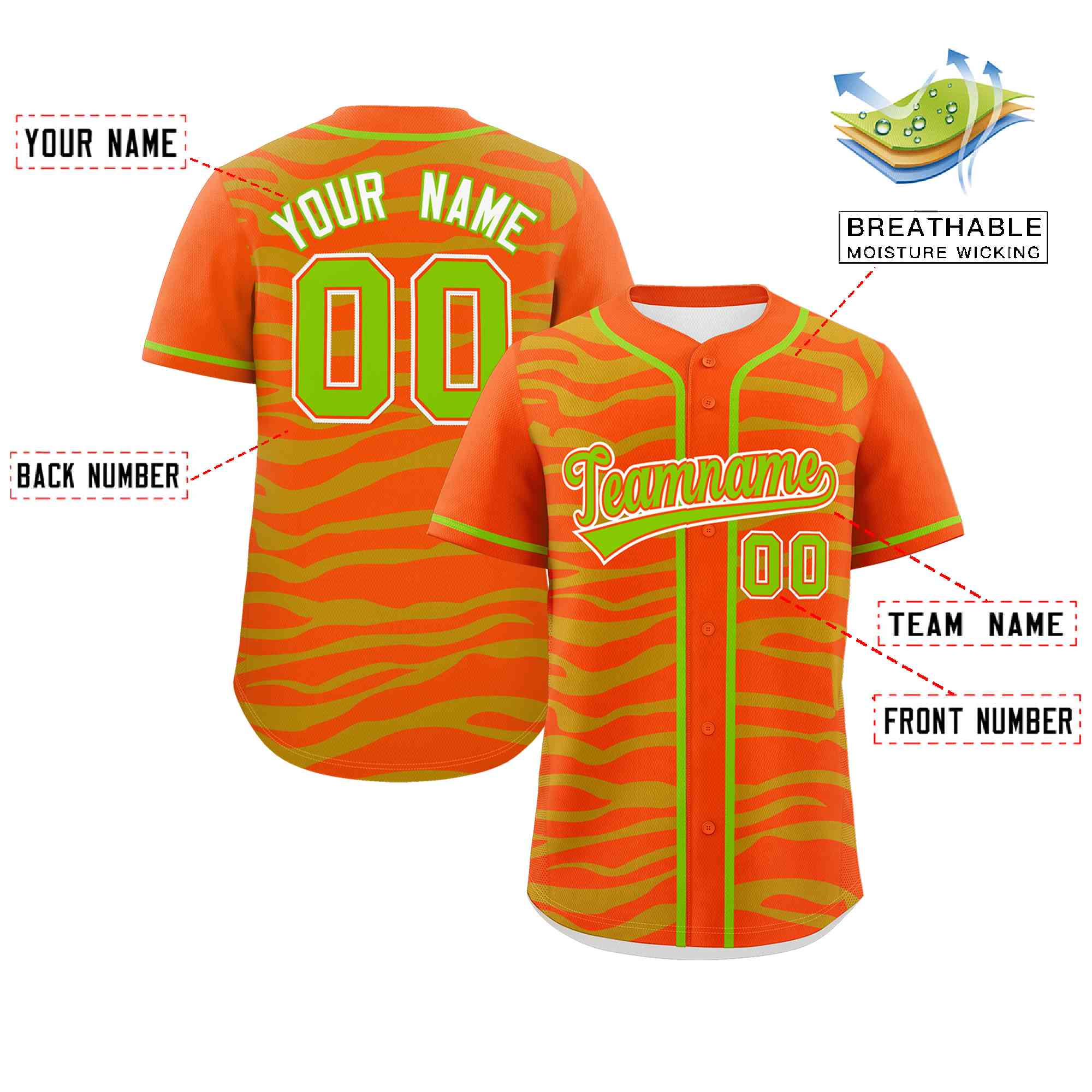 Custom Orange Neon Green Zebra Stripes Graffiti Pattern Authentic Baseball Jersey