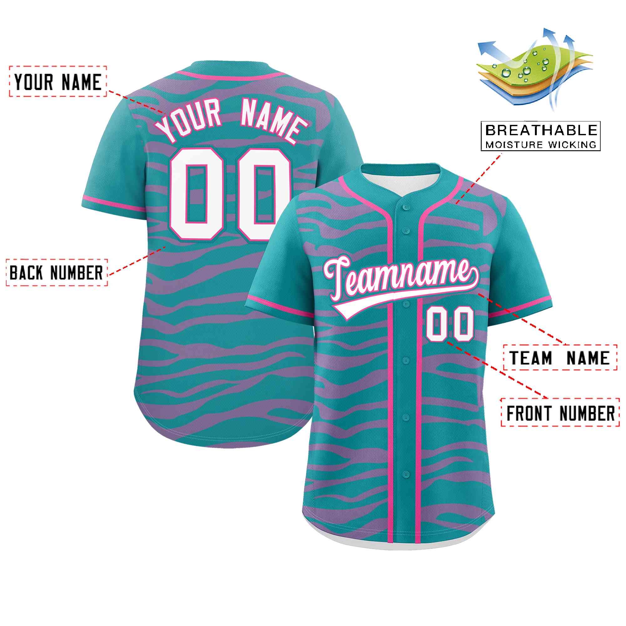 Custom Aqua Pink Zebra Stripes Graffiti Pattern Authentic Baseball Jersey