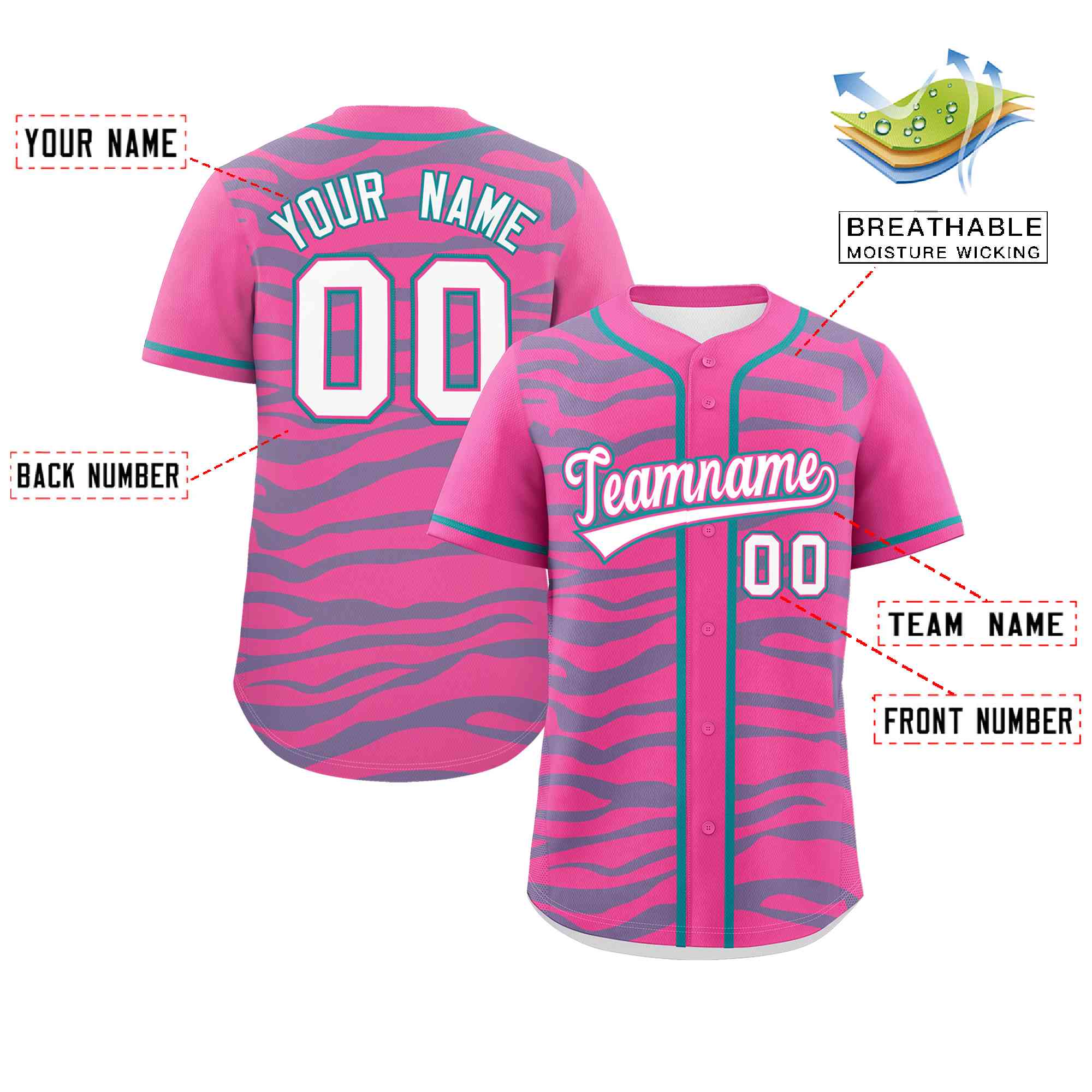 Custom Pink Aqua Zebra Stripes Graffiti Pattern Authentic Baseball Jersey