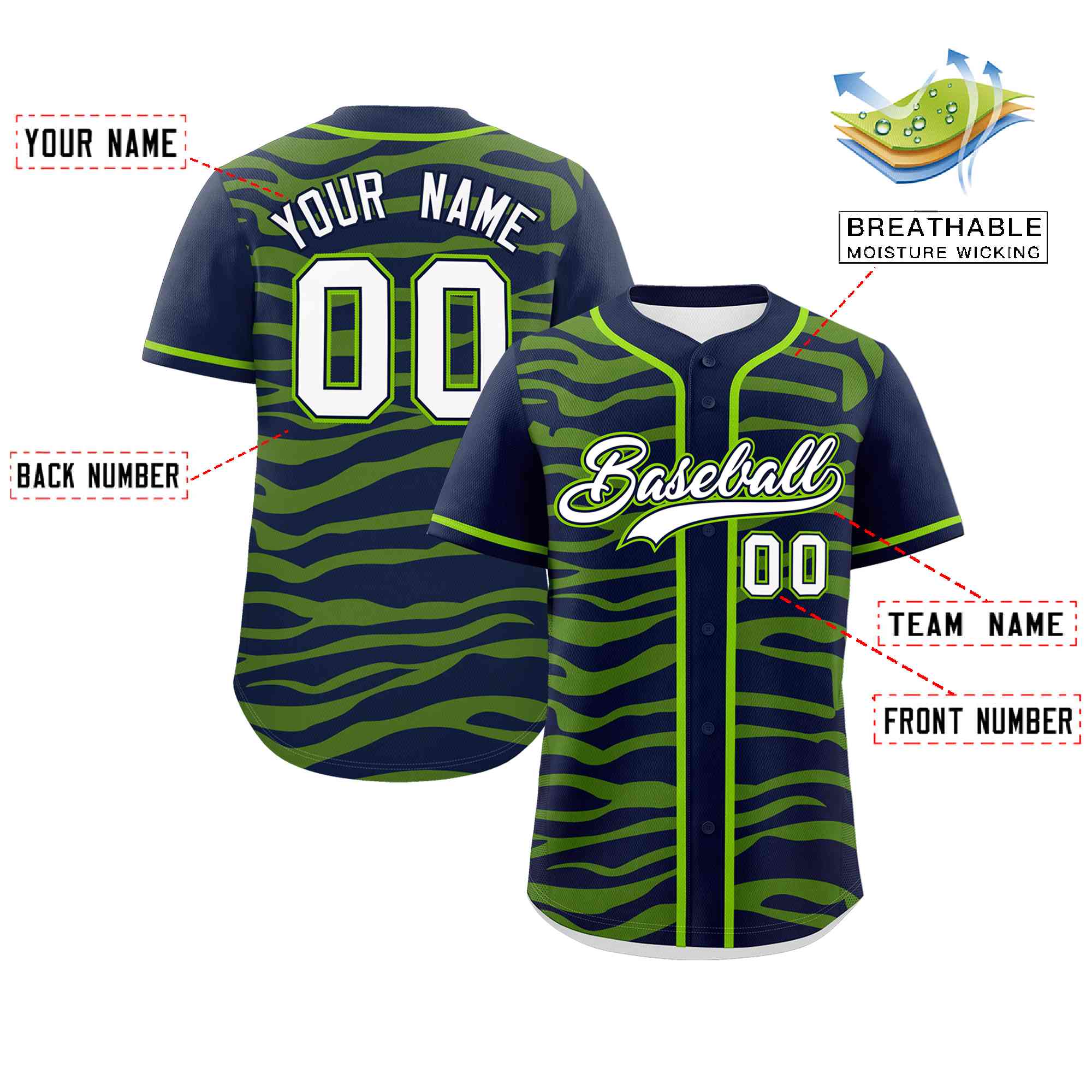 Custom Navy Neon Green Zebra Stripes Graffiti Pattern Authentic Baseball Jersey